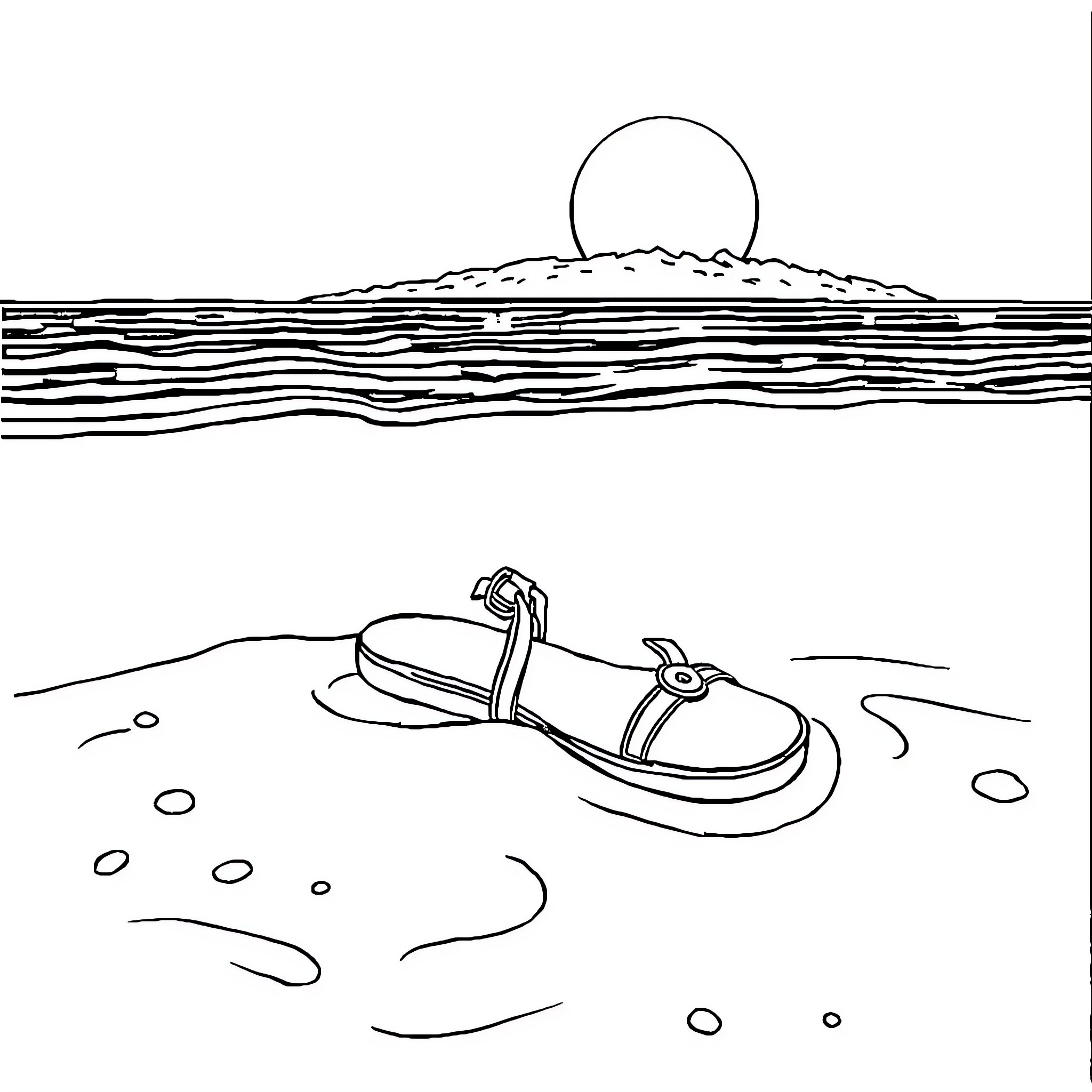 Sandal lying on beach at sunset Coloring Page (free black-and-white line drawing printable PDF for all, from beginners to advanced learners, including children, teens, adults, and seniors)