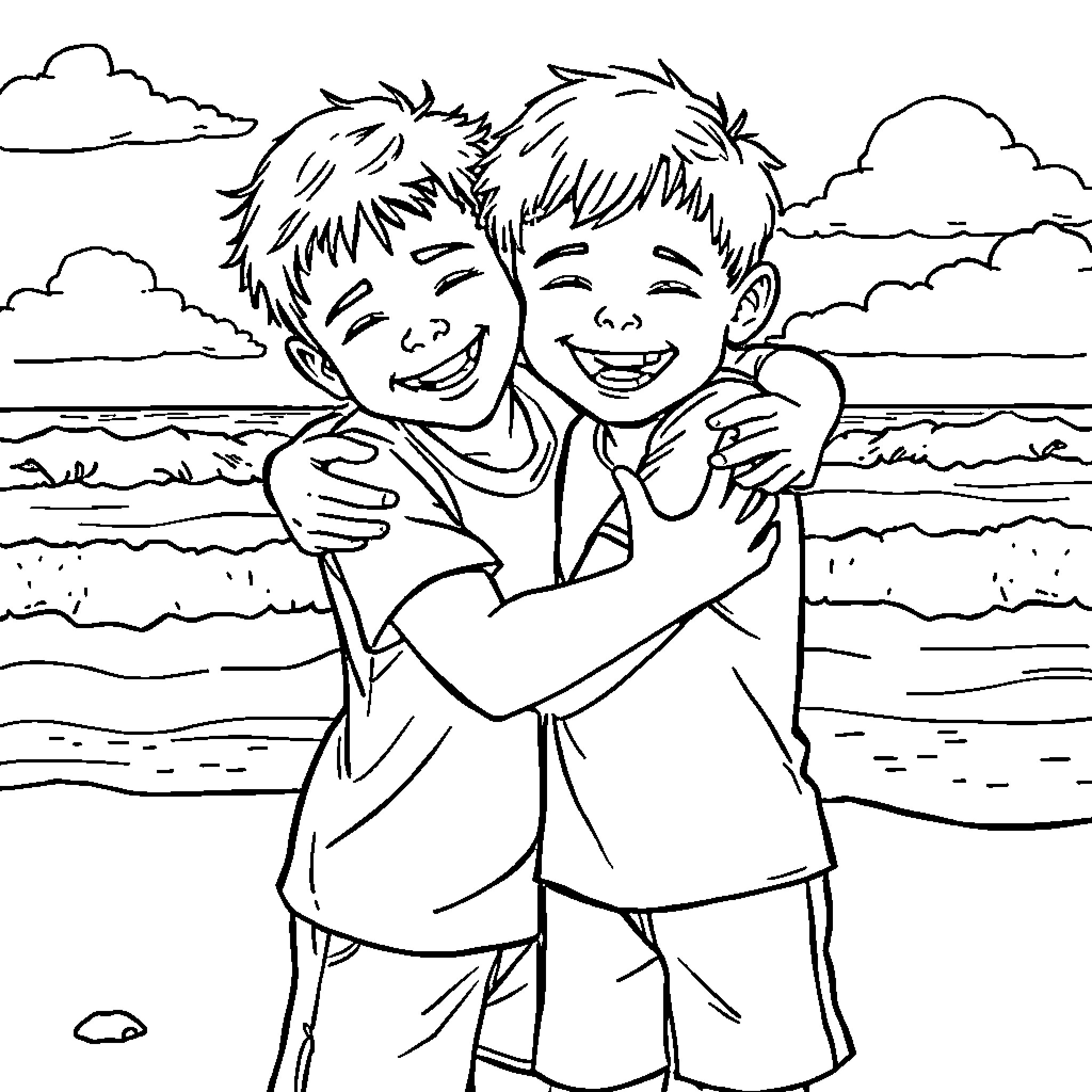Boys hugging happily on the beach Coloring Page (free black-and-white line drawing printable PDF for all, from beginners to advanced learners, including children, teens, adults, and seniors)