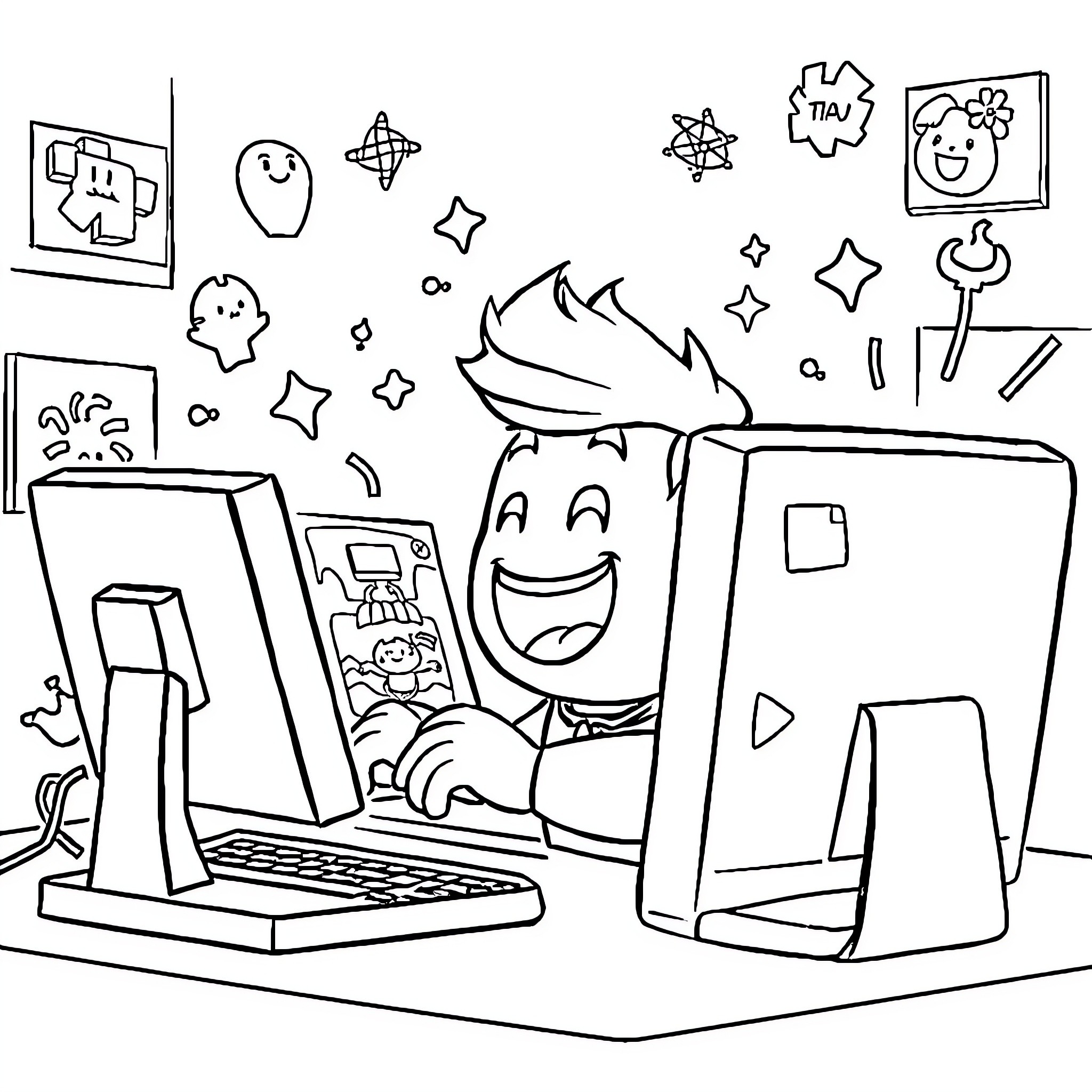 Bob esponja enjoying video games and electronics Coloring Page (free black-and-white line drawing printable PDF for all, from beginners to advanced learners, including children, teens, adults, and seniors)