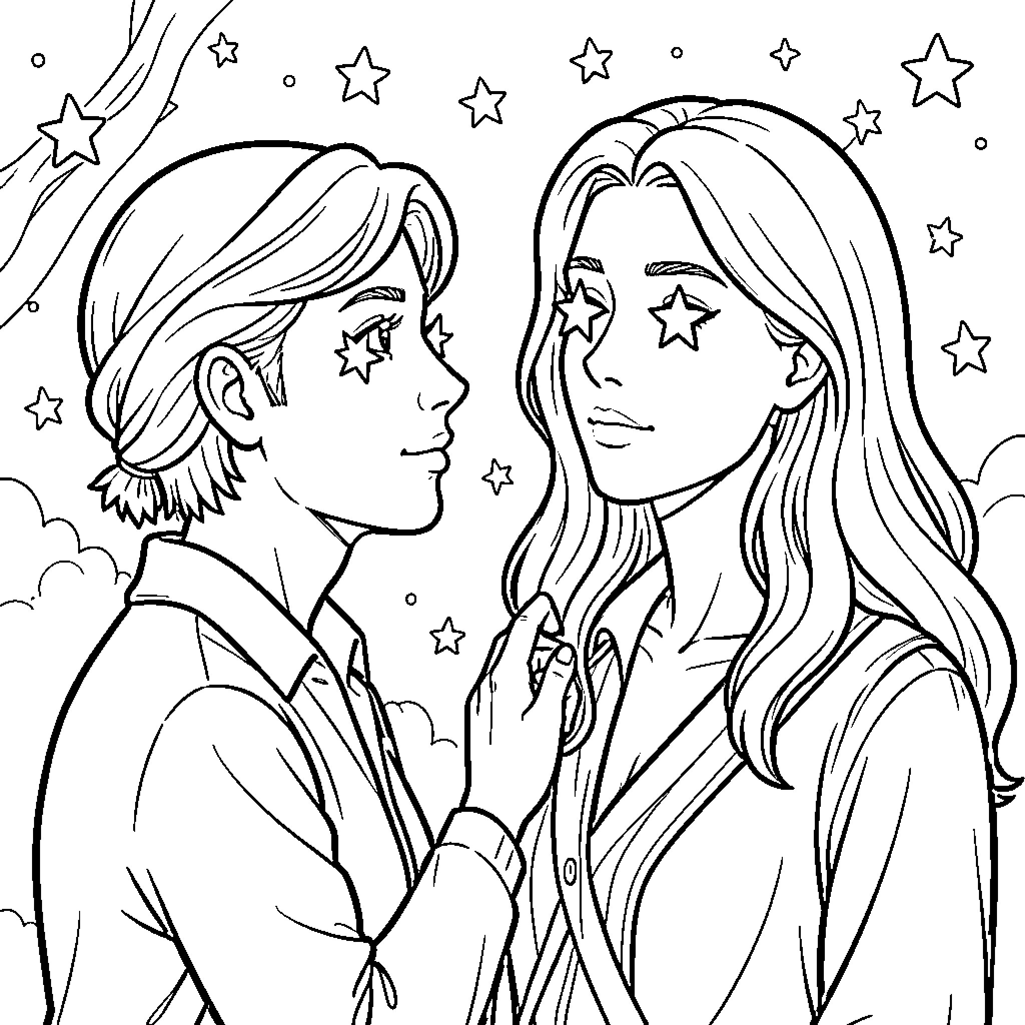 Idol Couple Gazing at Starry Sky Coloring Page (free black-and-white line drawing printable PDF for all, from beginners to advanced learners, including children, teens, adults, and seniors)