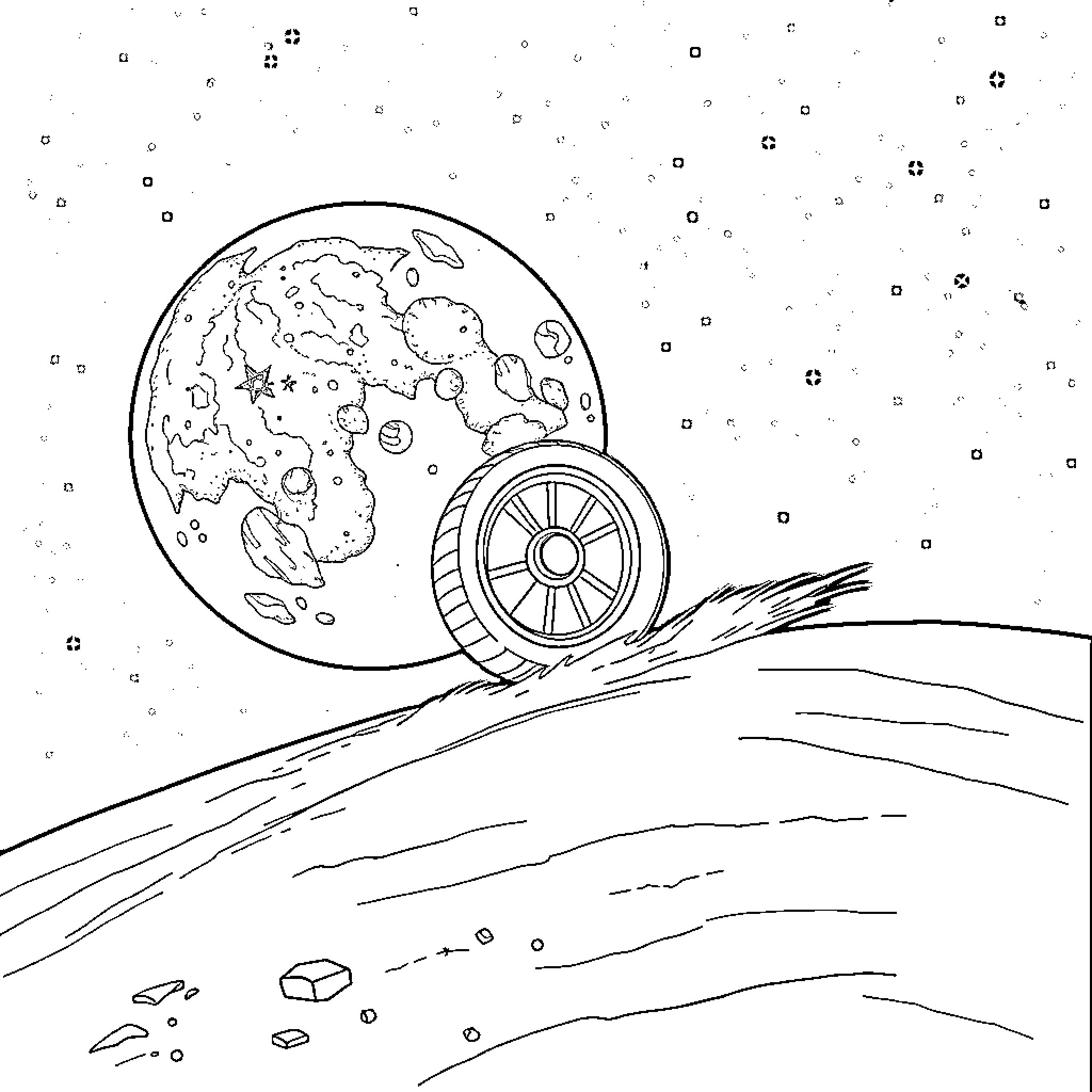Onewheel riding through cosmic landscape Coloring Page (free black-and-white line drawing printable PDF for all, from beginners to advanced learners, including children, teens, adults, and seniors)