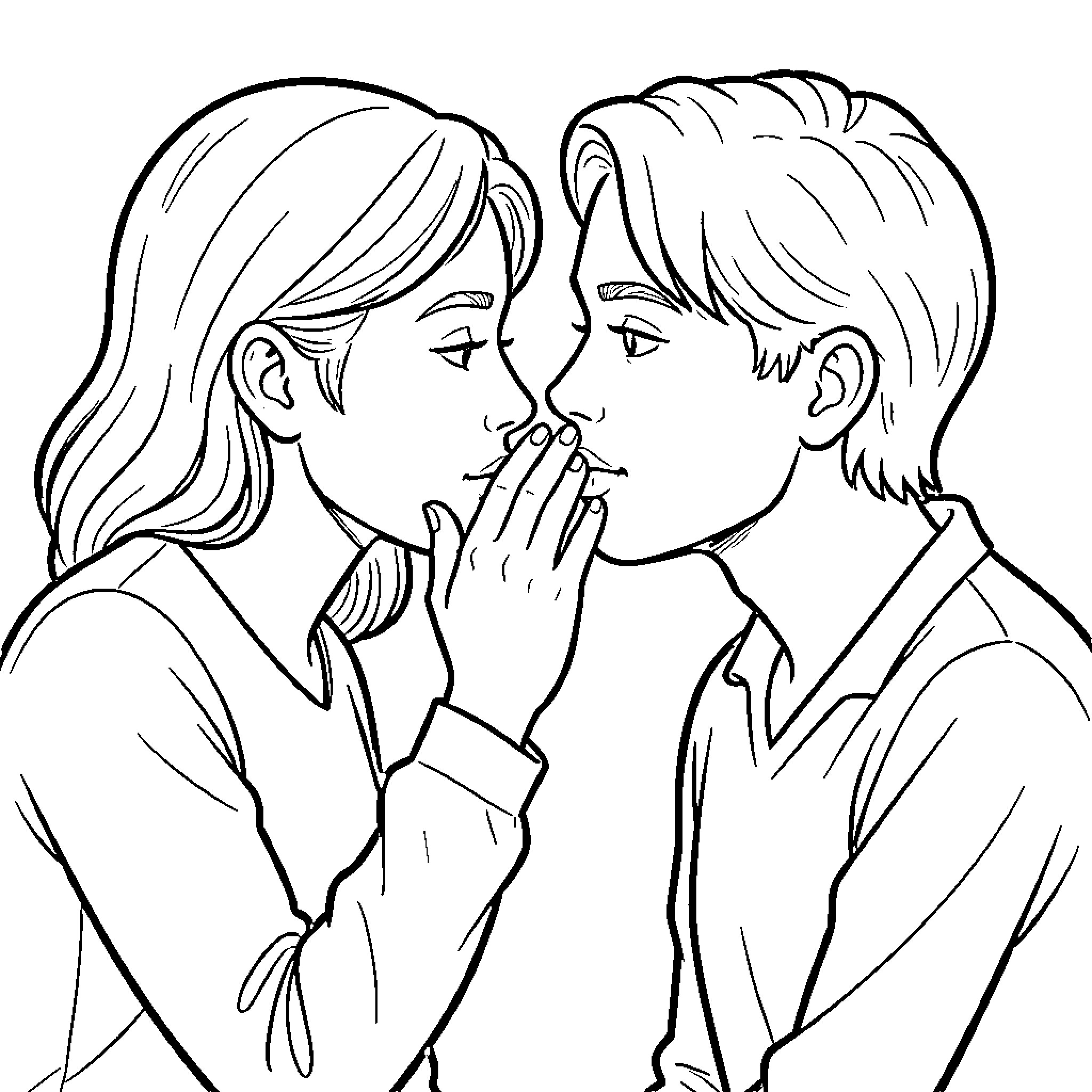 Kissing couple sharing a gentle and romantic moment Coloring Page (free black-and-white line drawing printable PDF for all, from beginners to advanced learners, including children, teens, adults, and seniors)