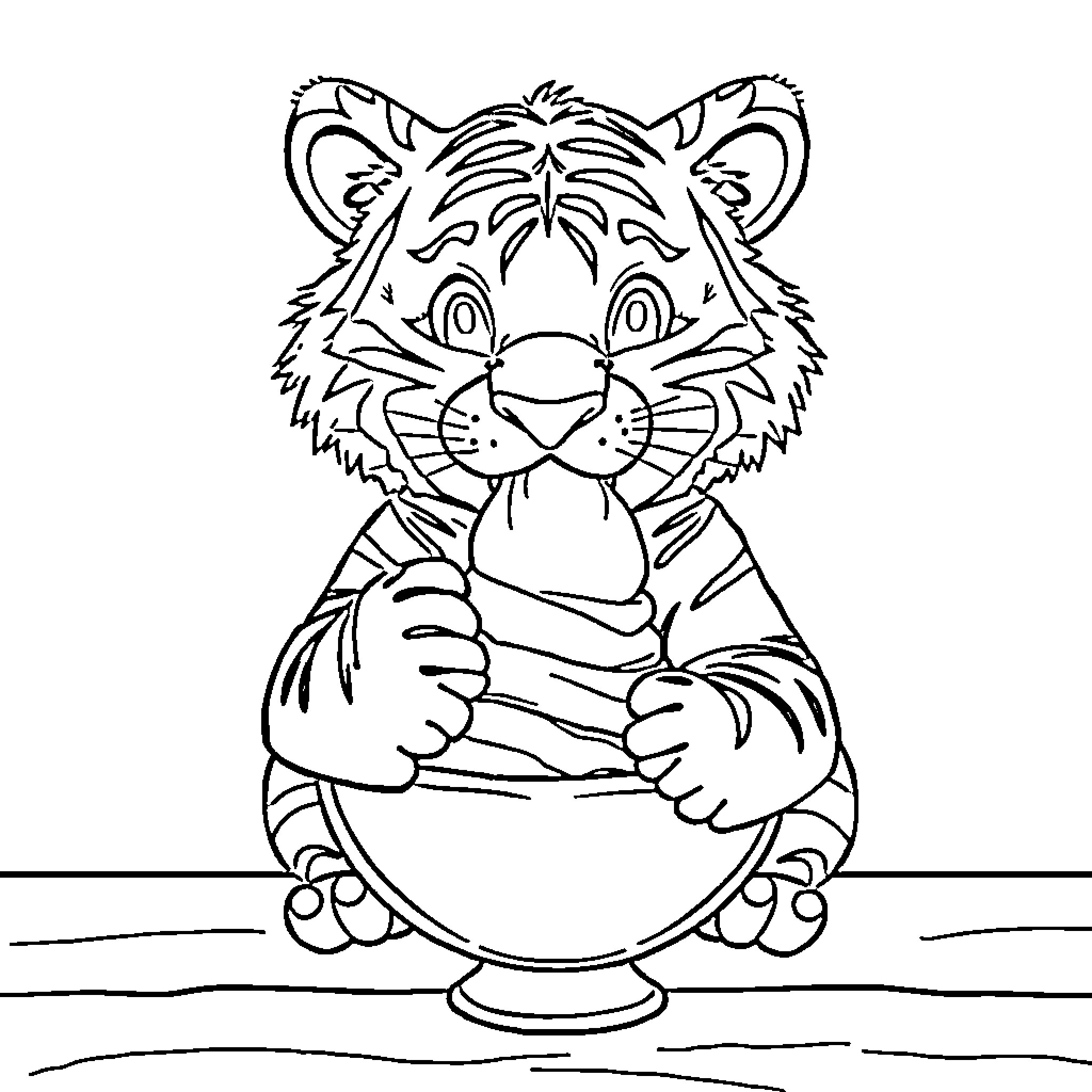 Tiger cub sitting in a bowl Coloring Page (free black-and-white line drawing printable PDF for all, from beginners to advanced learners, including children, teens, adults, and seniors)