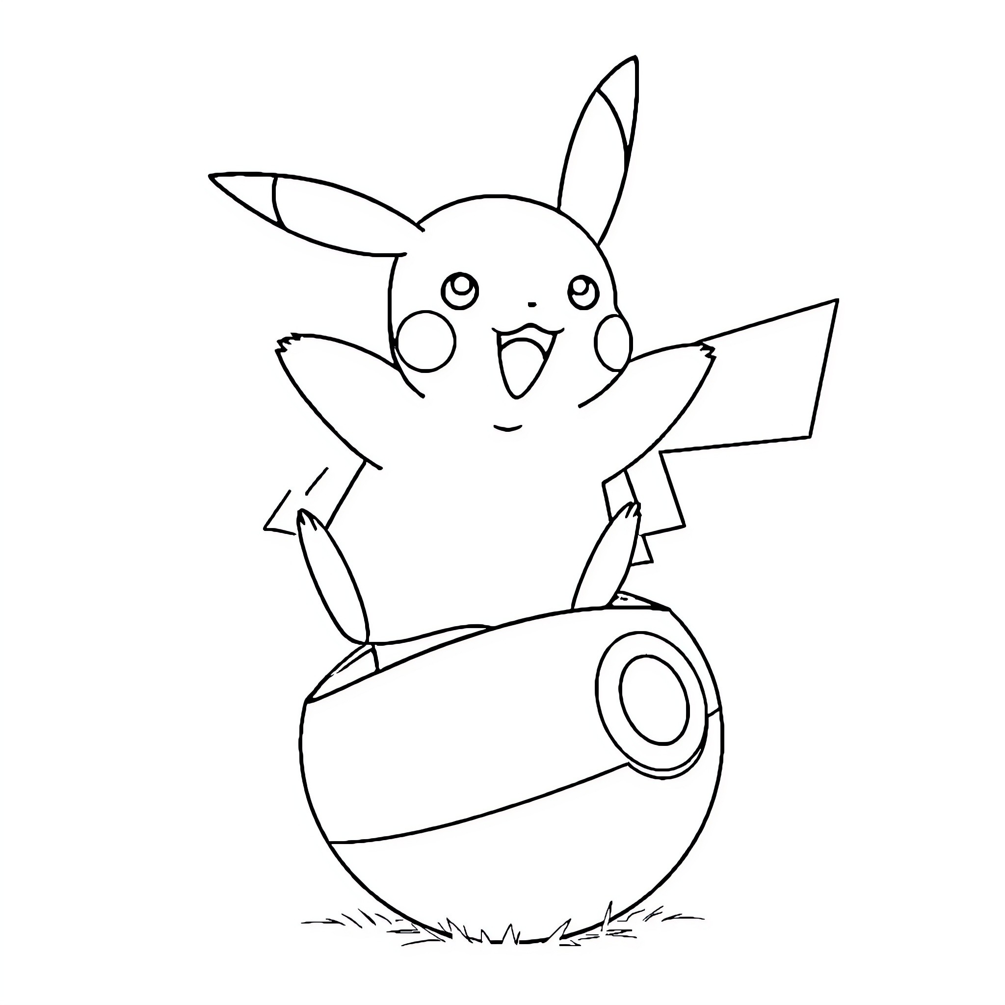 Pikachu playing joyfully with a Pokeball Coloring Page (free black-and-white line drawing printable PDF for all, from beginners to advanced learners, including children, teens, adults, and seniors)