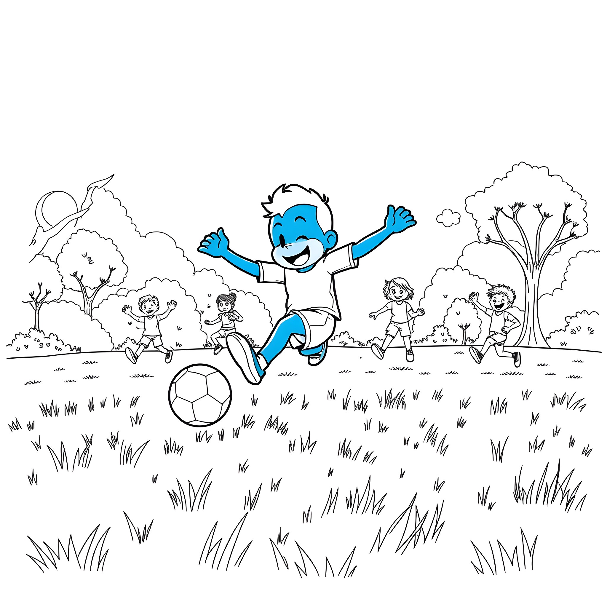 Bluey and friends playing soccer in the park Coloring Page (free black-and-white line drawing printable PDF for all, from beginners to advanced learners, including children, teens, adults, and seniors)