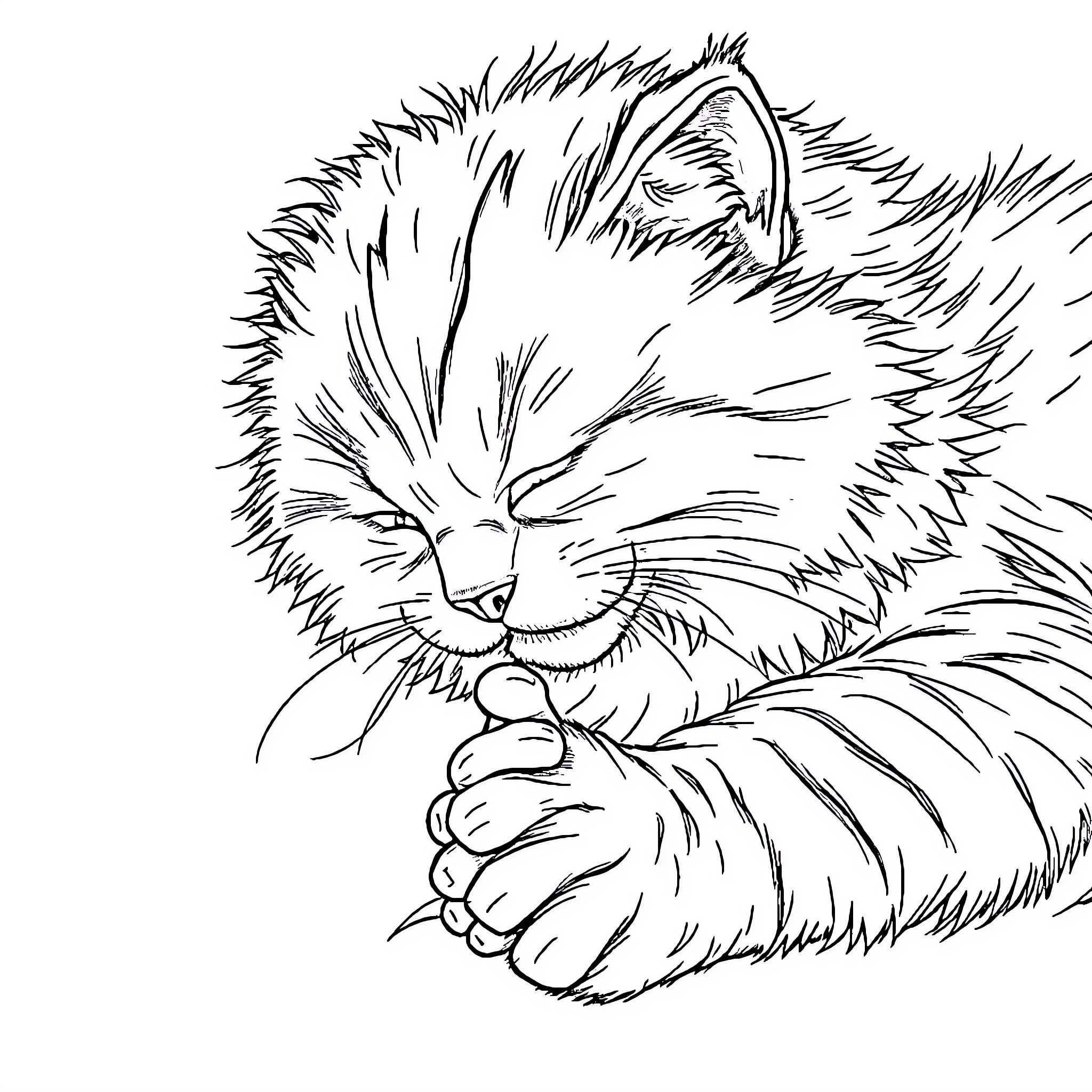 Cat curled up in contentment Coloring Page (free black-and-white line drawing printable PDF for all, from beginners to advanced learners, including children, teens, adults, and seniors)