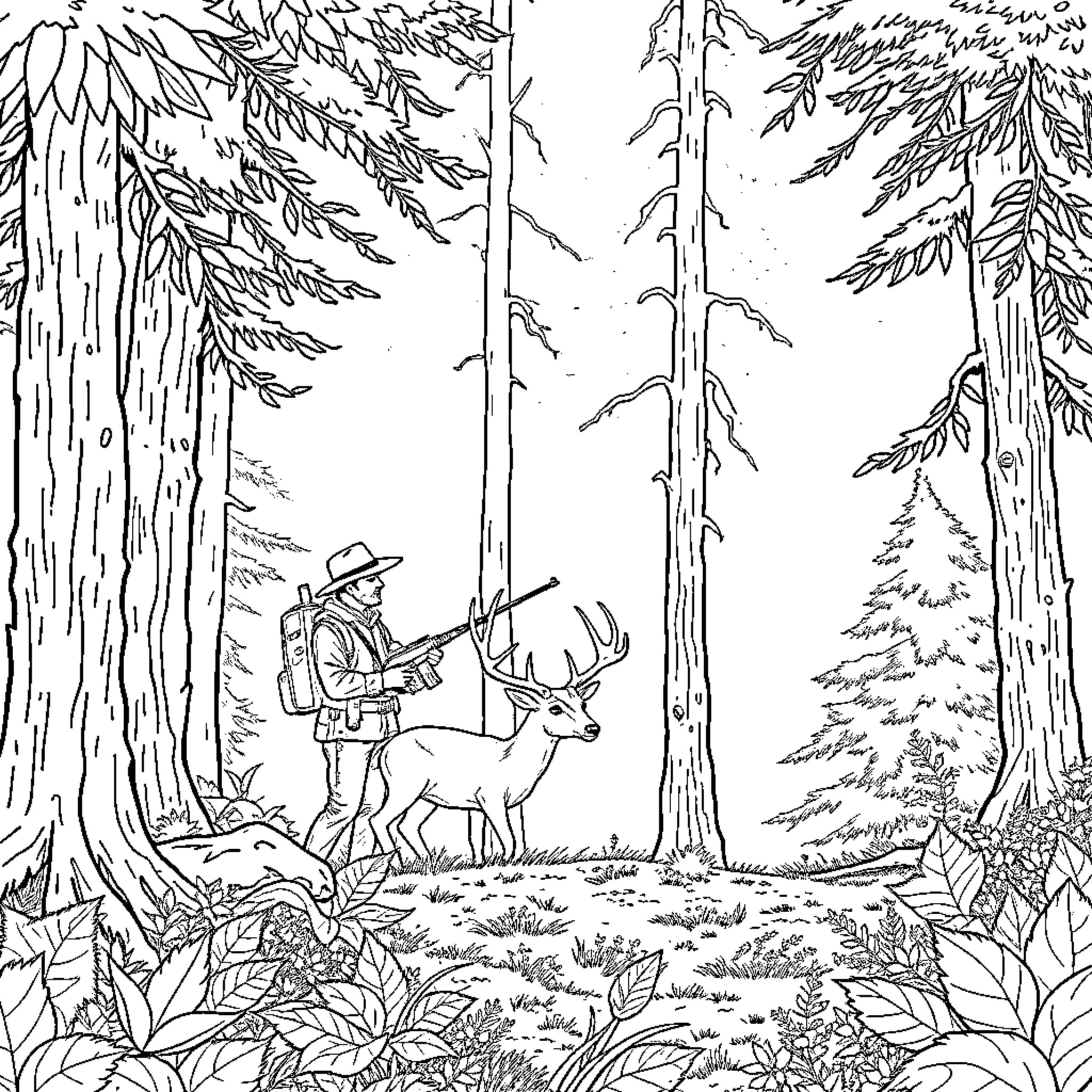 Deer resting peacefully in the forest Coloring Page (free black-and-white line drawing printable PDF for all, from beginners to advanced learners, including children, teens, adults, and seniors)