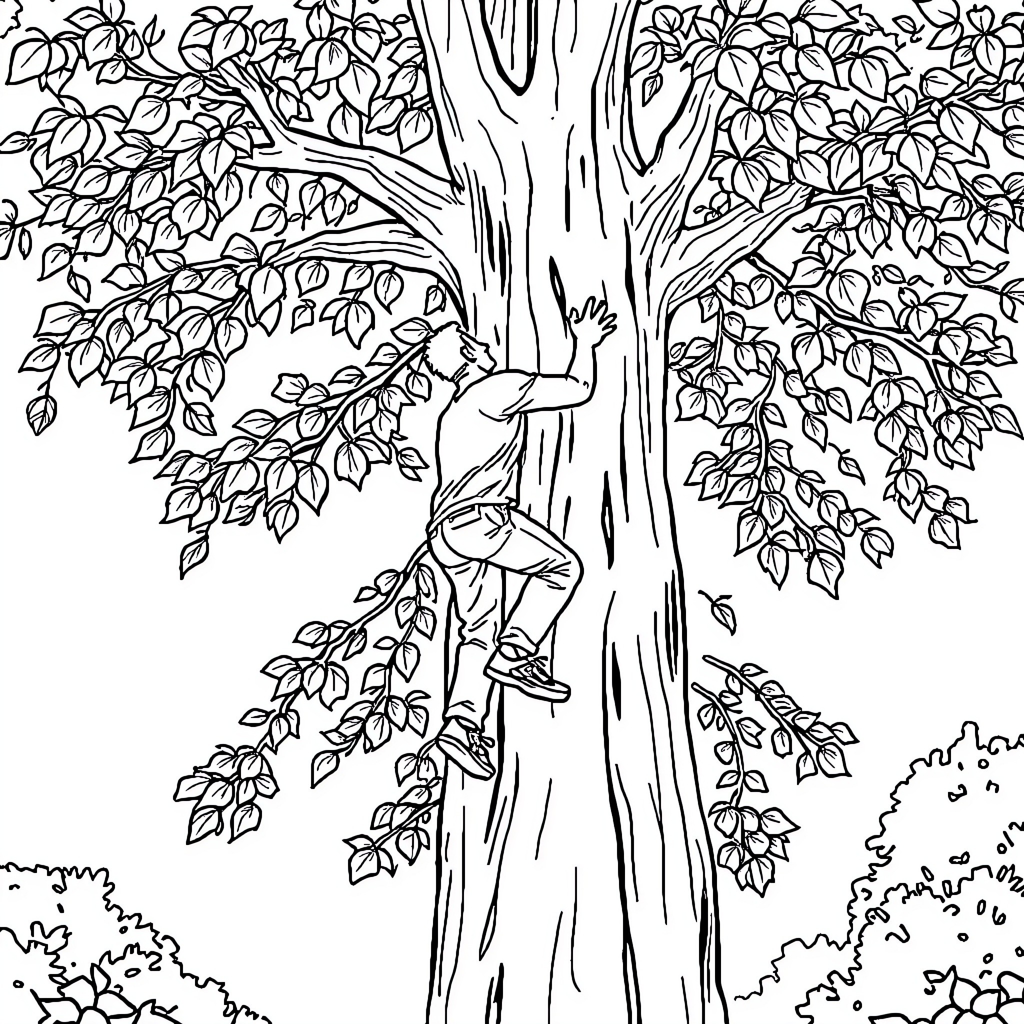 Man climbing up the tree in nature Coloring Page (free black-and-white line drawing printable PDF for all, from beginners to advanced learners, including children, teens, adults, and seniors)