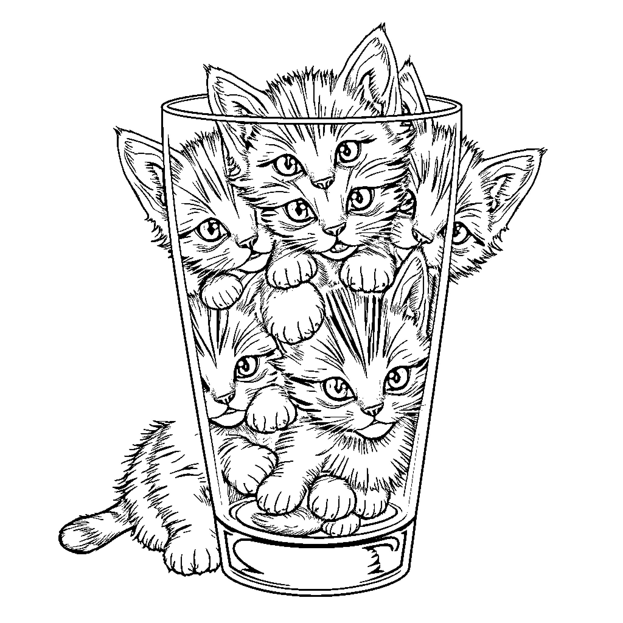 Kitten Trio in Glass Cup Coloring Page (free black-and-white line drawing printable PDF for all, from beginners to advanced learners, including children, teens, adults, and seniors)