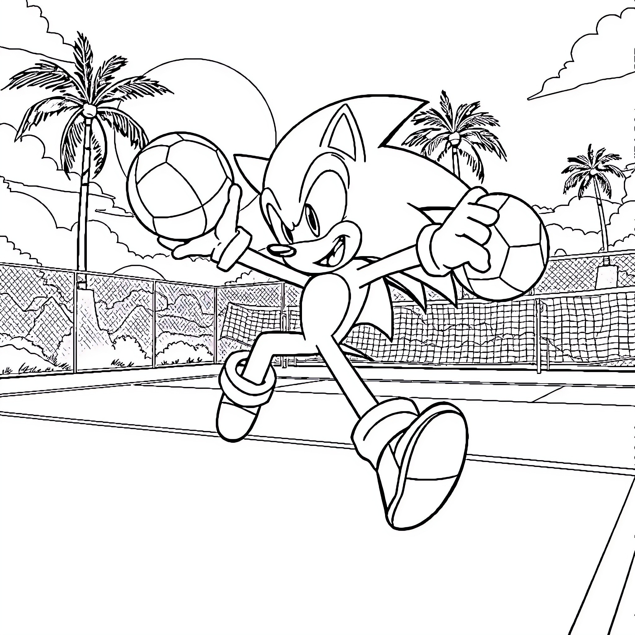Super Sonic's Tropical Adventure on the Tennis Court Coloring Page (free black-and-white line drawing printable PDF for all, from beginners to advanced learners, including children, teens, adults, and seniors)