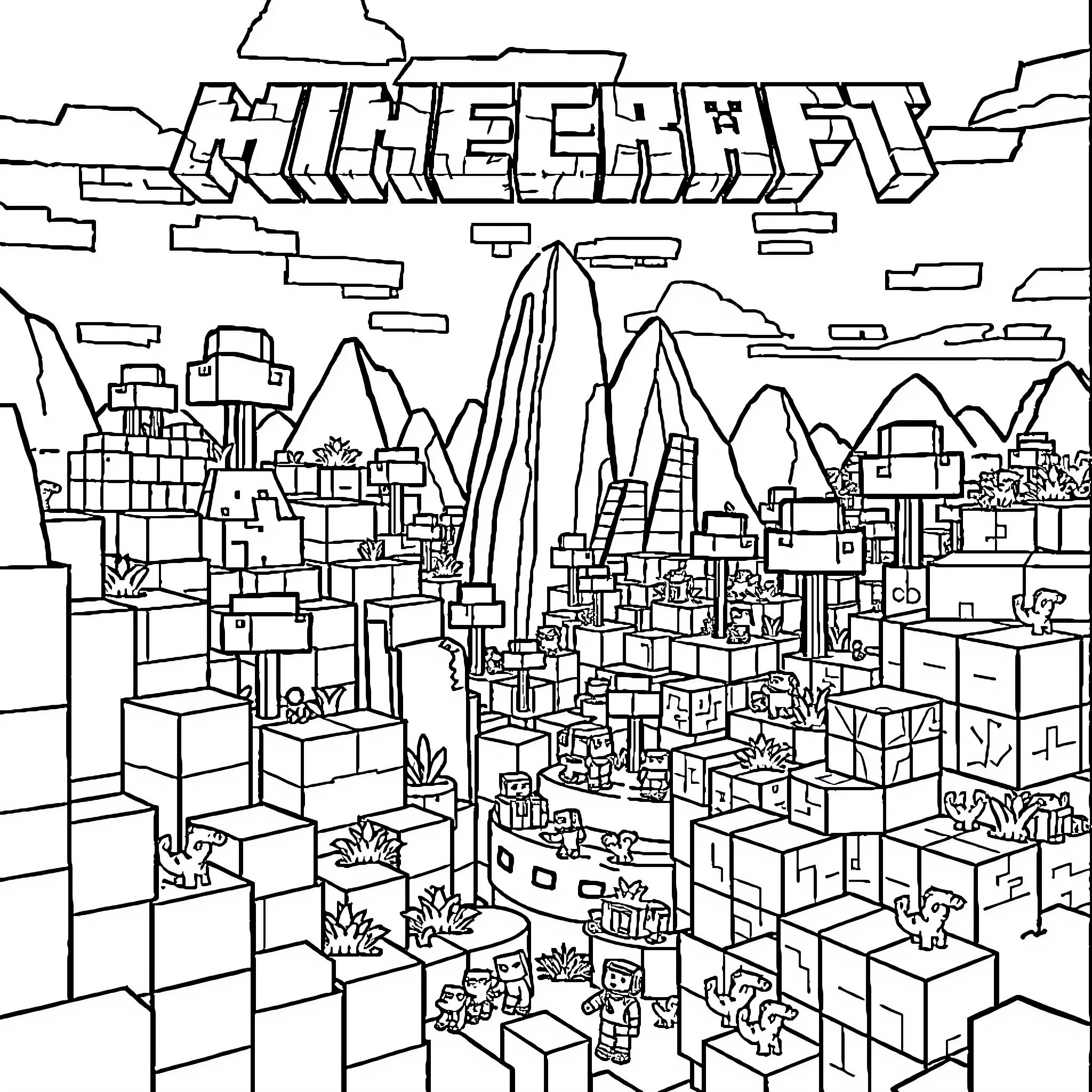 Minecraft cityscape with buildings and characters Coloring Page (free black-and-white line drawing printable PDF for all, from beginners to advanced learners, including children, teens, adults, and seniors)