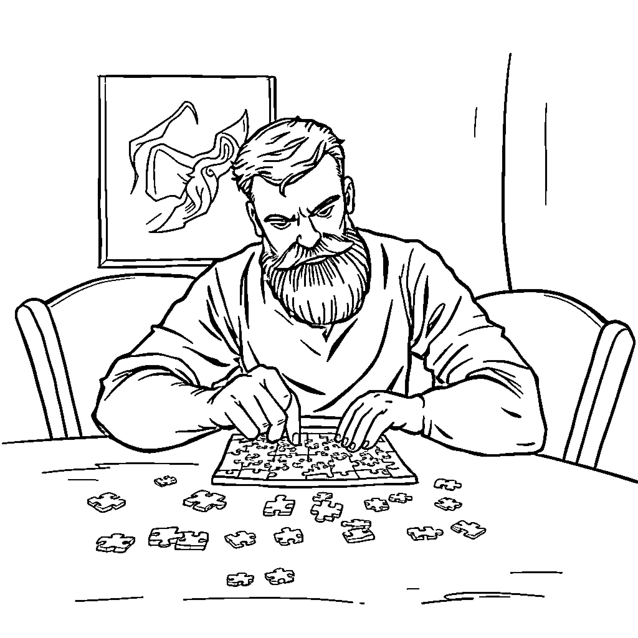Dude constructing a puzzle with serious concentration Coloring Page (free black-and-white line drawing printable PDF for all, from beginners to advanced learners, including children, teens, adults, and seniors)