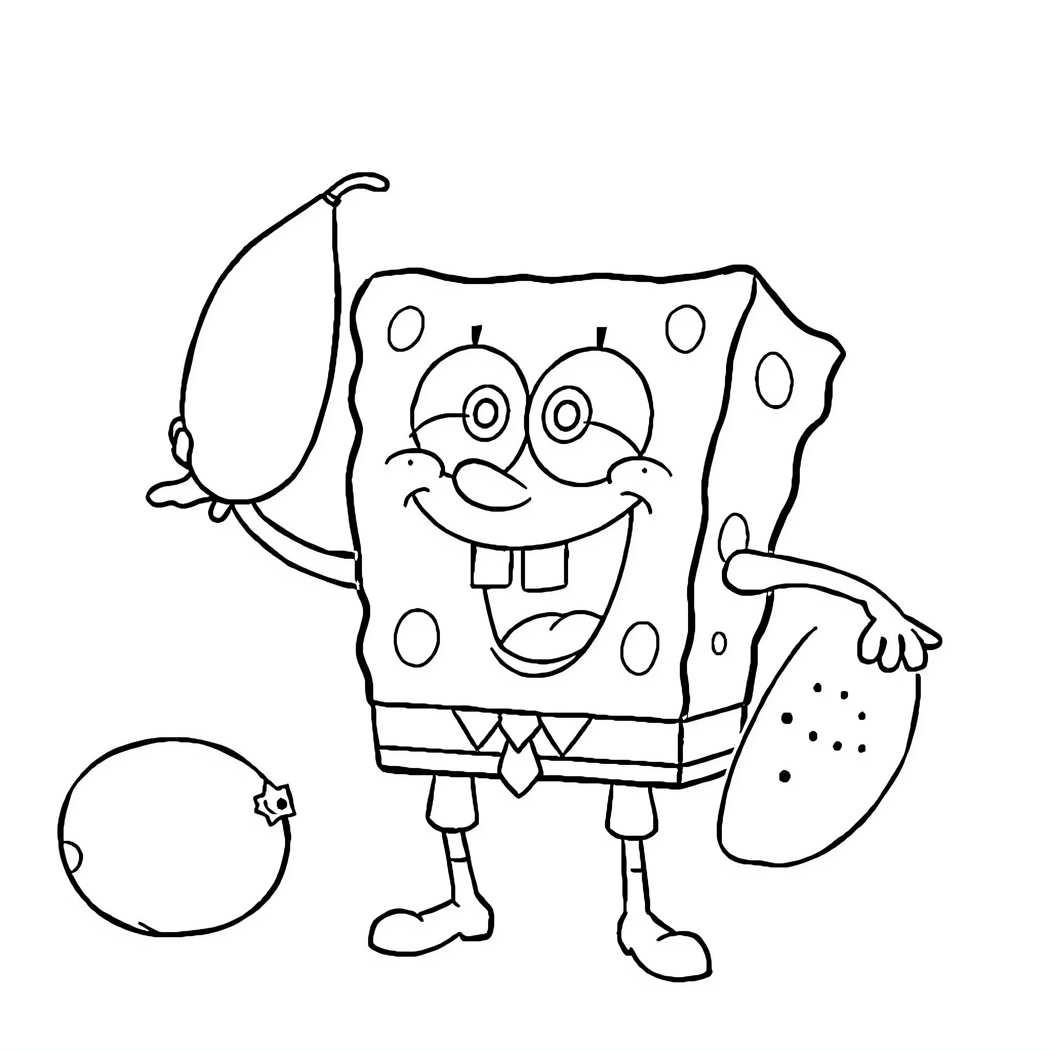 Bob esponja fishing and holding a fish Coloring Page (free black-and-white line drawing printable PDF for all, from beginners to advanced learners, including children, teens, adults, and seniors)