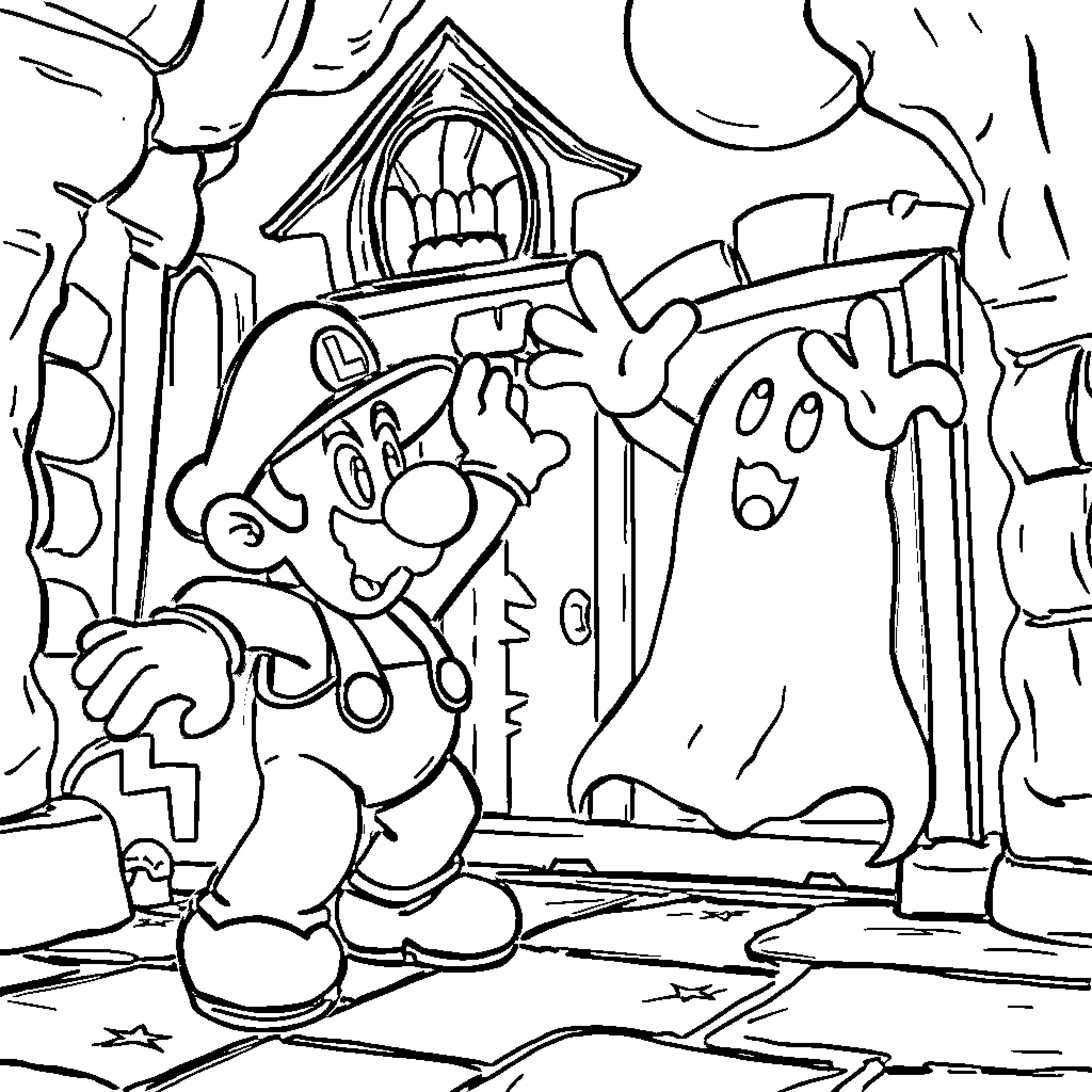 Luigi's Spooky Encounter with a Ghost Coloring Page (free black-and-white line drawing printable PDF for all, from beginners to advanced learners, including children, teens, adults, and seniors)