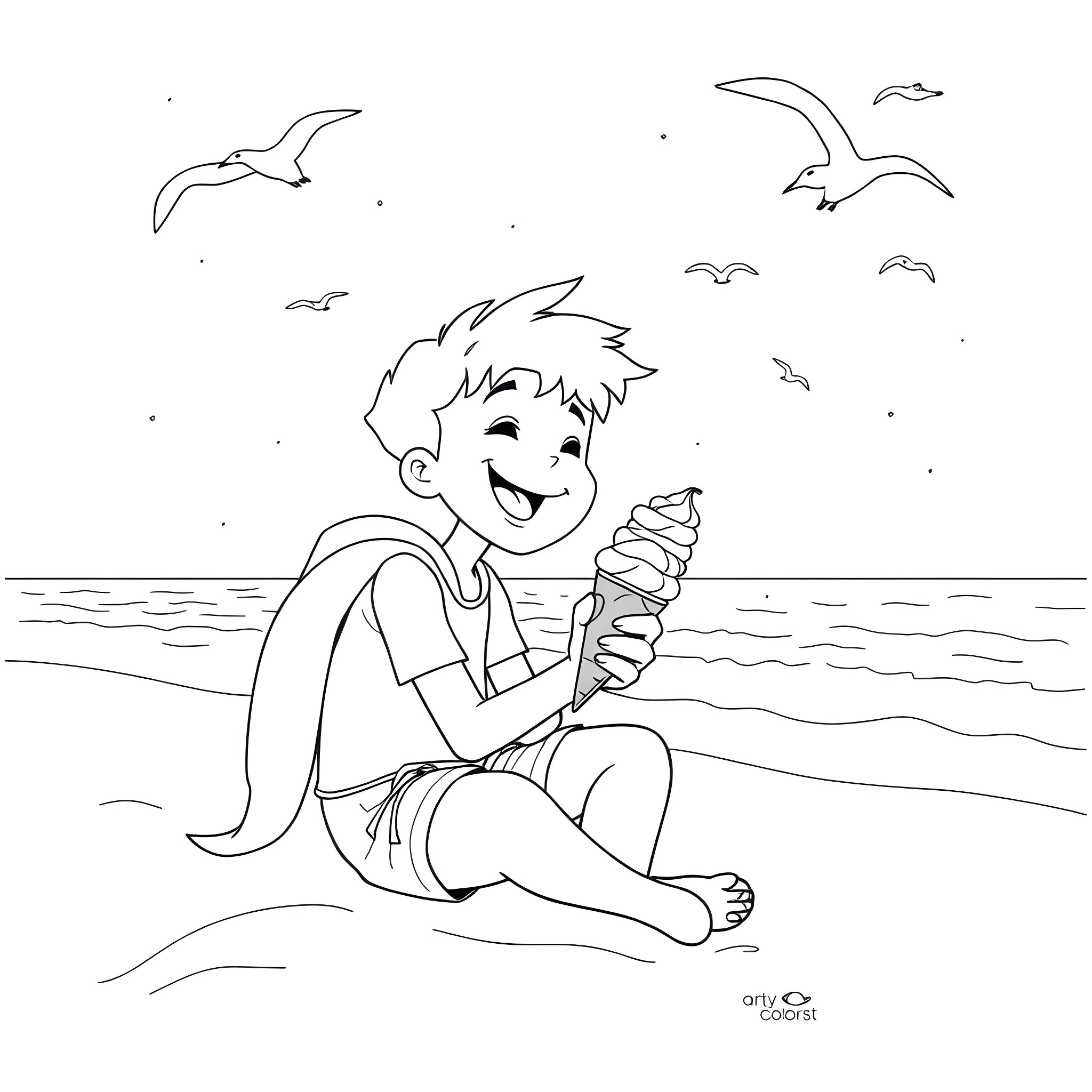 Ice Cream Fun at the Beach Coloring Page (free black-and-white line drawing printable PDF for all, from beginners to advanced learners, including children, teens, adults, and seniors)