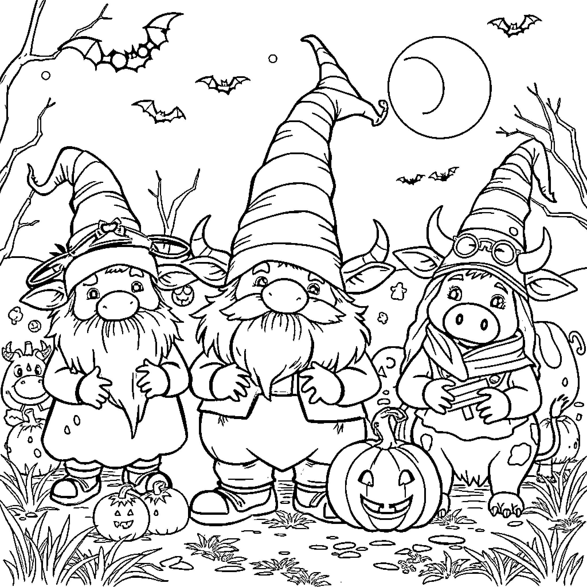 Gnomes enjoying Halloween festivities in the moonlight Coloring Page (free black-and-white line drawing printable PDF for all, from beginners to advanced learners, including children, teens, adults, and seniors)