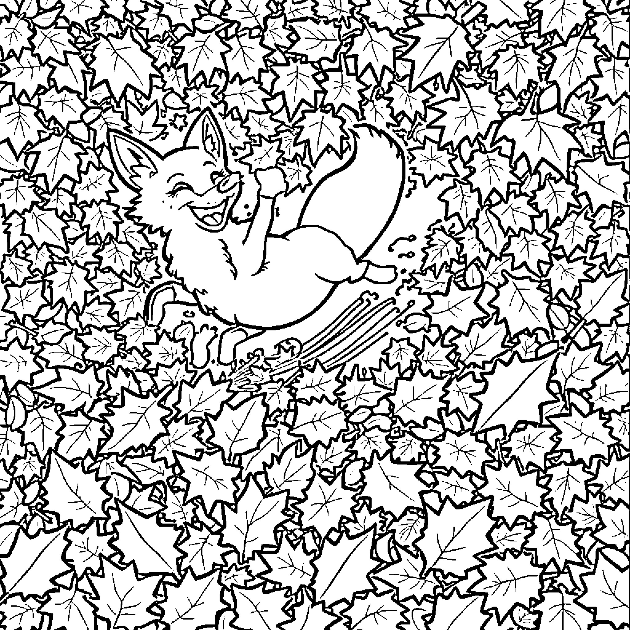 Fox playfully leaping through autumn leaves Coloring Page (free black-and-white line drawing printable PDF for all, from beginners to advanced learners, including children, teens, adults, and seniors)