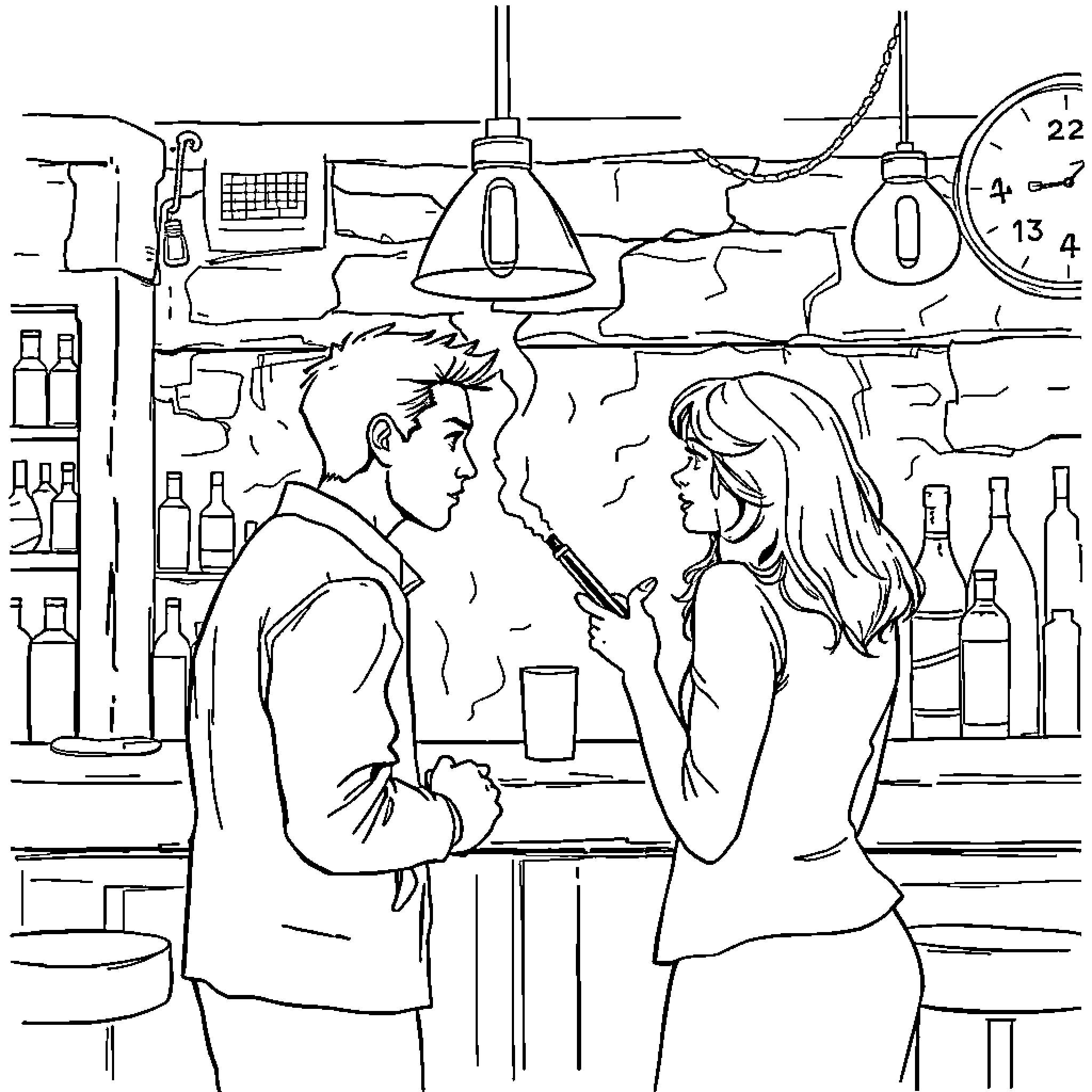 Man and Woman Conversing at a Bar Coloring Page (free black-and-white line drawing printable PDF for all, from beginners to advanced learners, including children, teens, adults, and seniors)