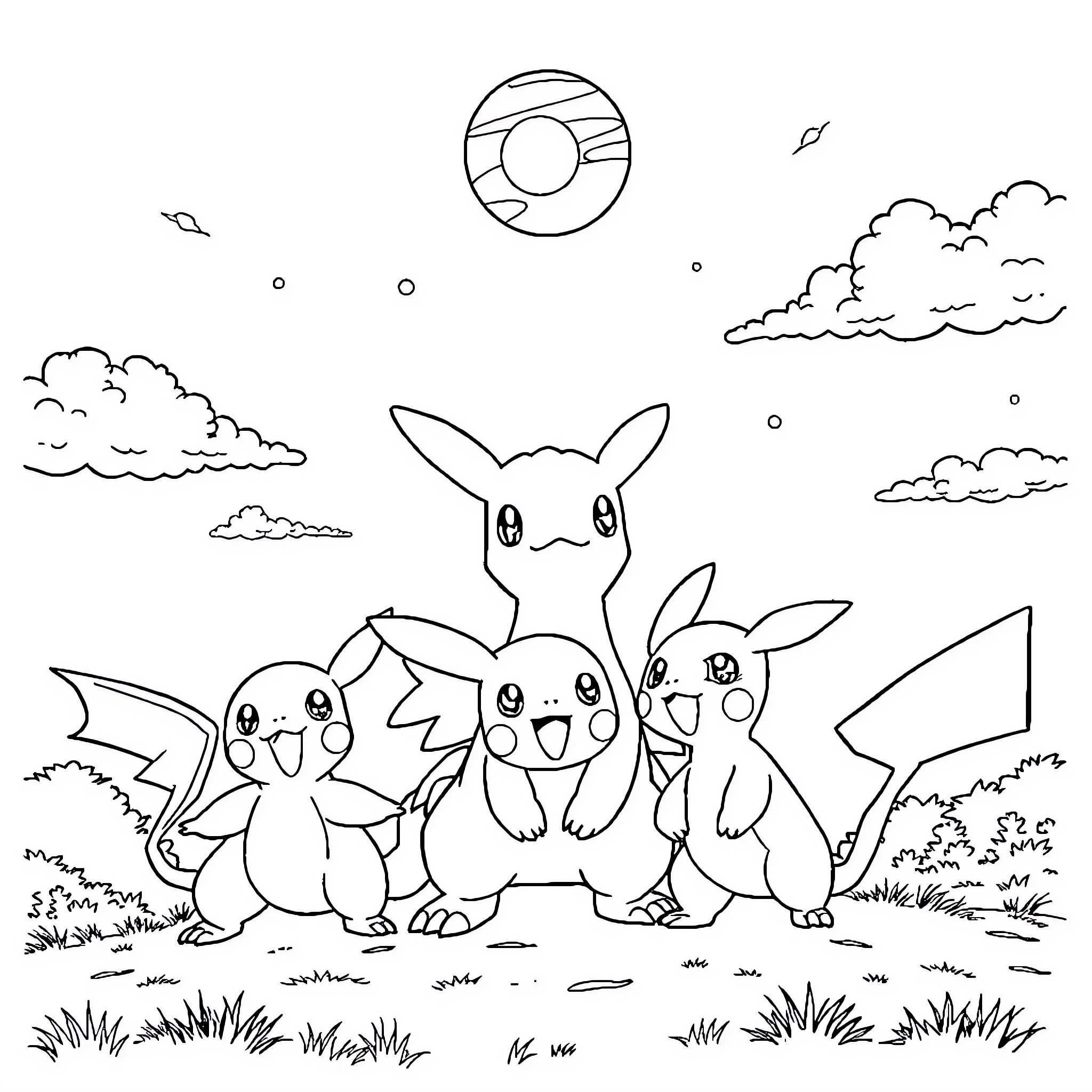 Starter Pokemon Playing in a Grassy Outdoor Scene Coloring Page (free black-and-white line drawing printable PDF for all, from beginners to advanced learners, including children, teens, adults, and seniors)