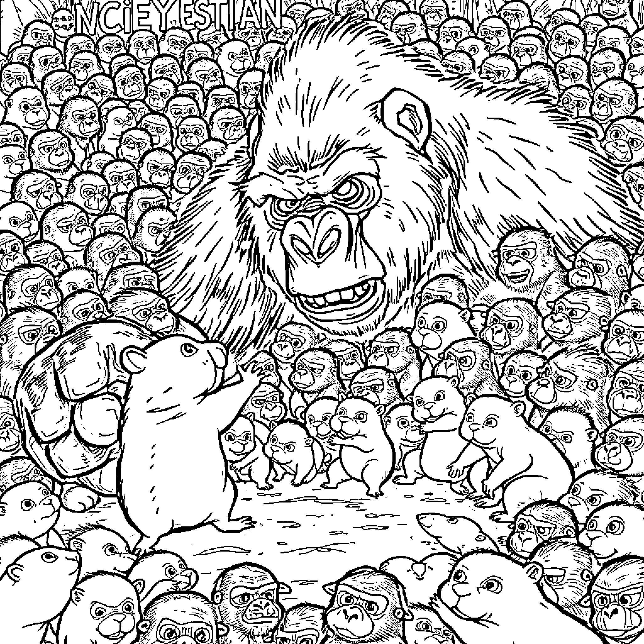Hamster surrounded by an army of creatures Coloring Page (free black-and-white line drawing printable PDF for all, from beginners to advanced learners, including children, teens, adults, and seniors)