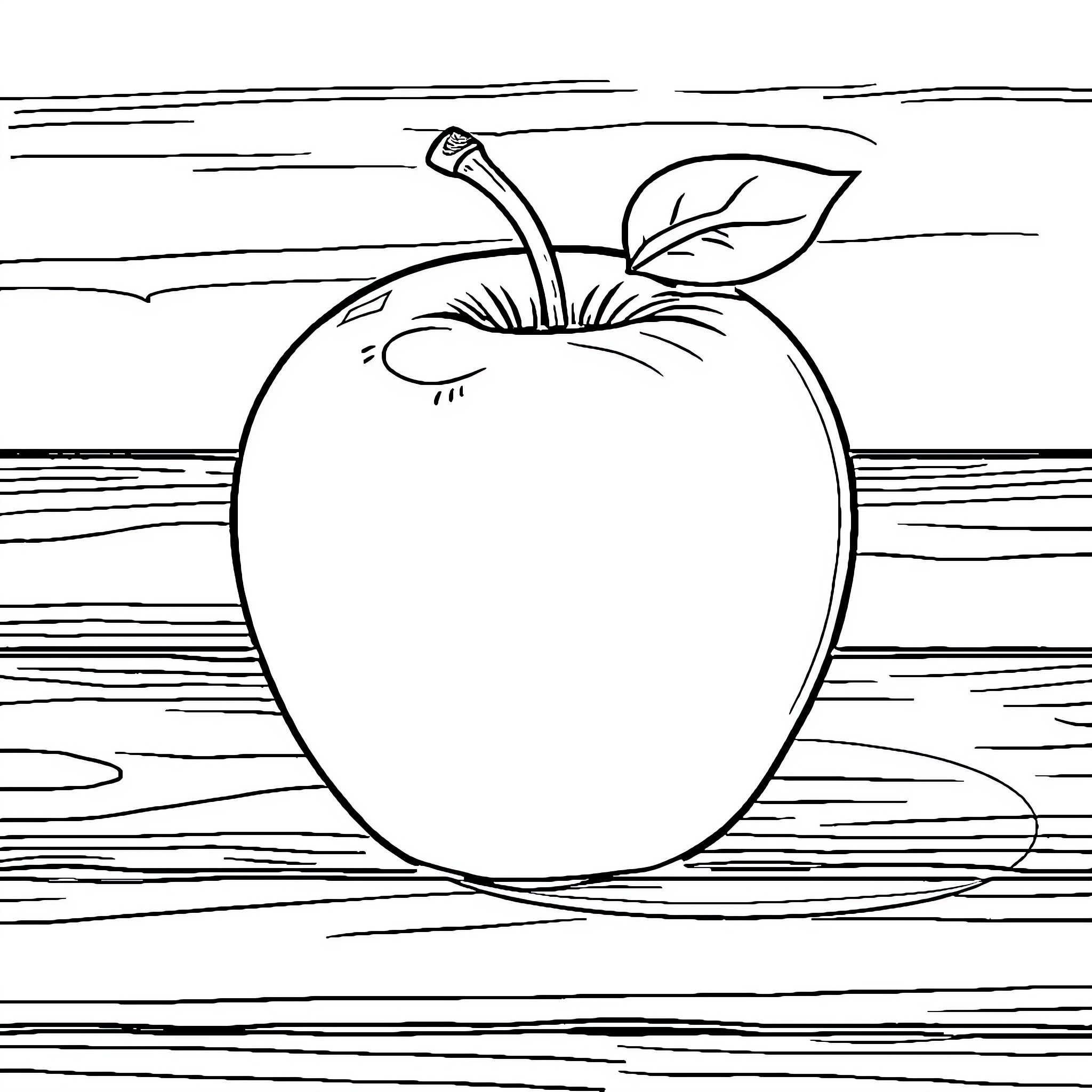 Apple on wooden background Coloring Page (free black-and-white line drawing printable PDF for all, from beginners to advanced learners, including children, teens, adults, and seniors)