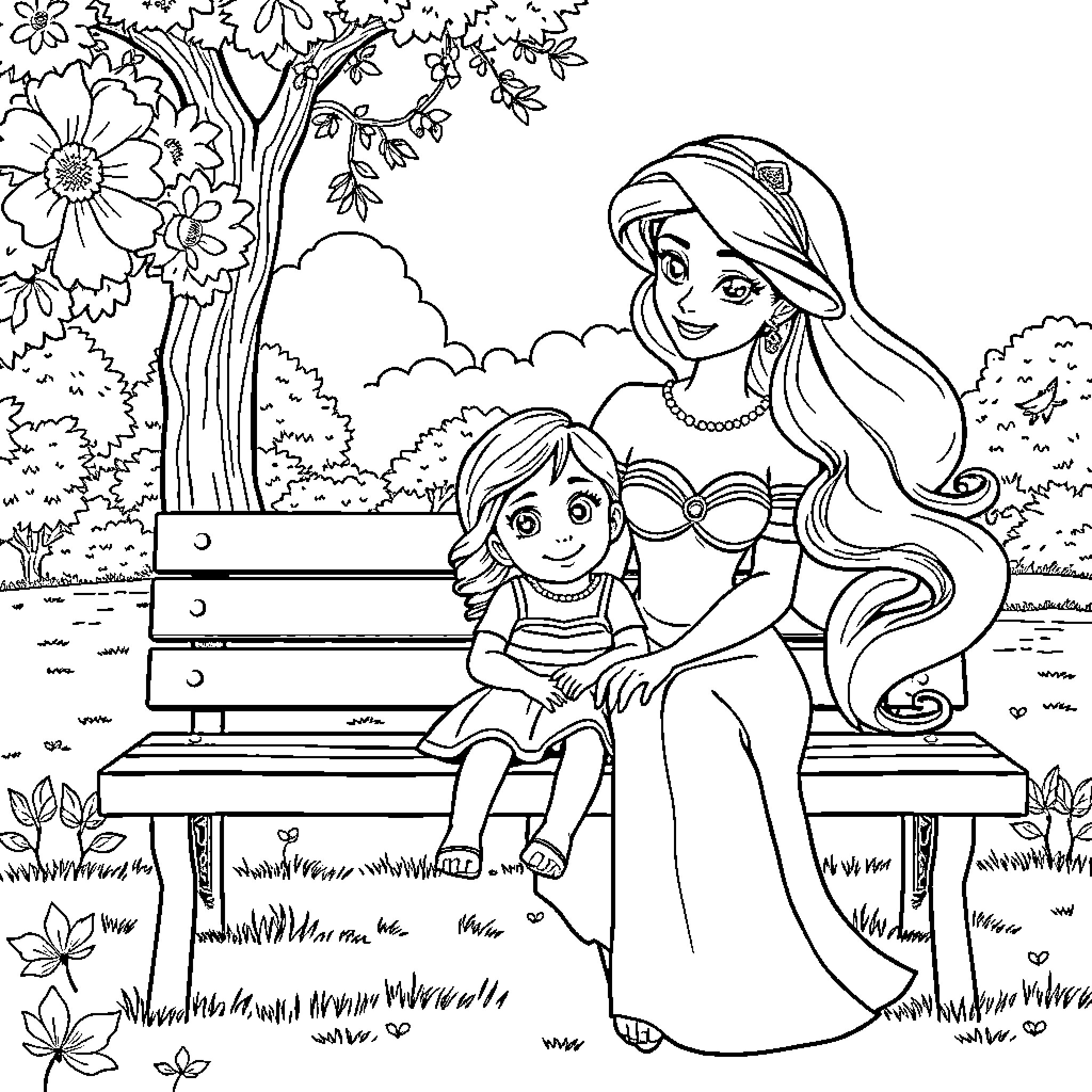 Yasmine and child enjoying nature together Coloring Page (free black-and-white line drawing printable PDF for all, from beginners to advanced learners, including children, teens, adults, and seniors)