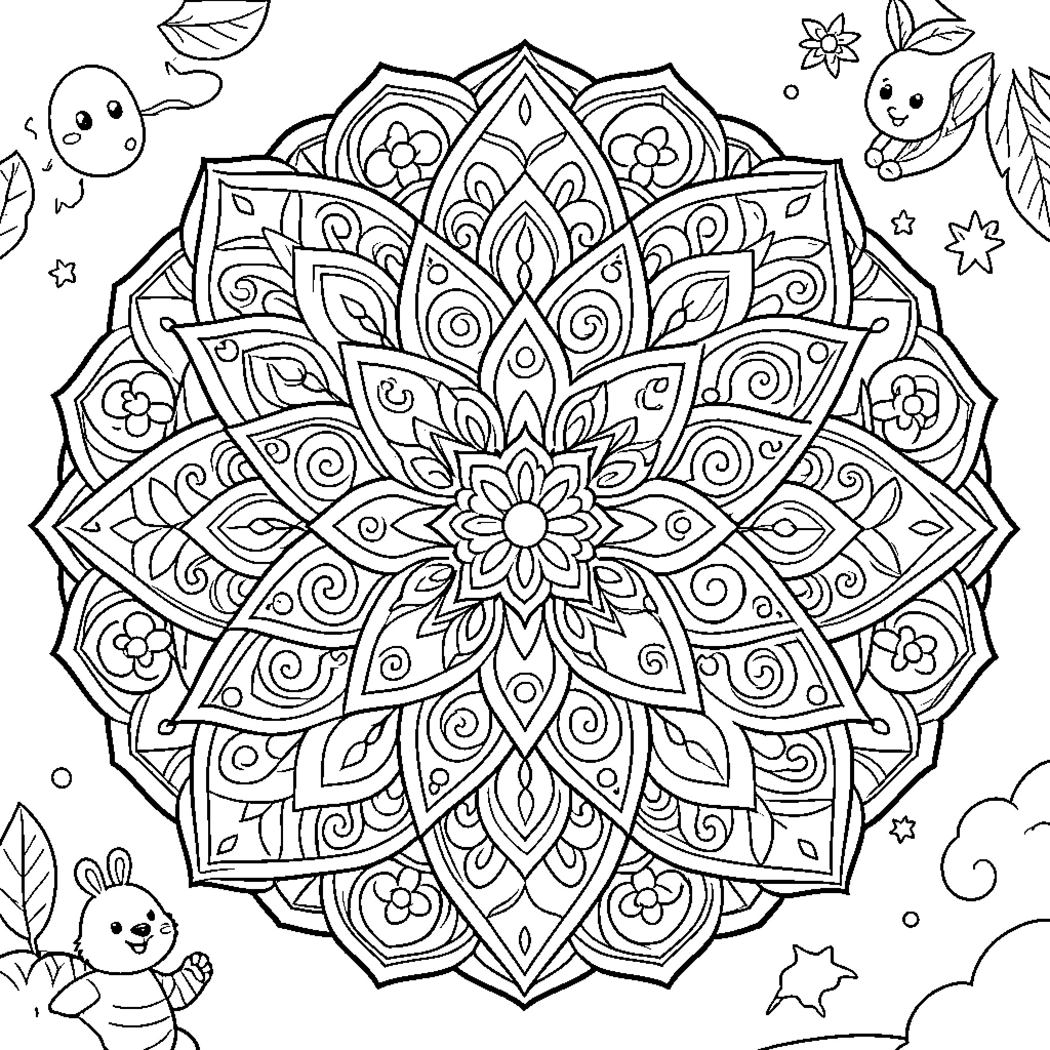 Mandalas surrounded by cute smiling forest creatures Coloring Page (free black-and-white line drawing printable PDF for all, from beginners to advanced learners, including children, teens, adults, and seniors)