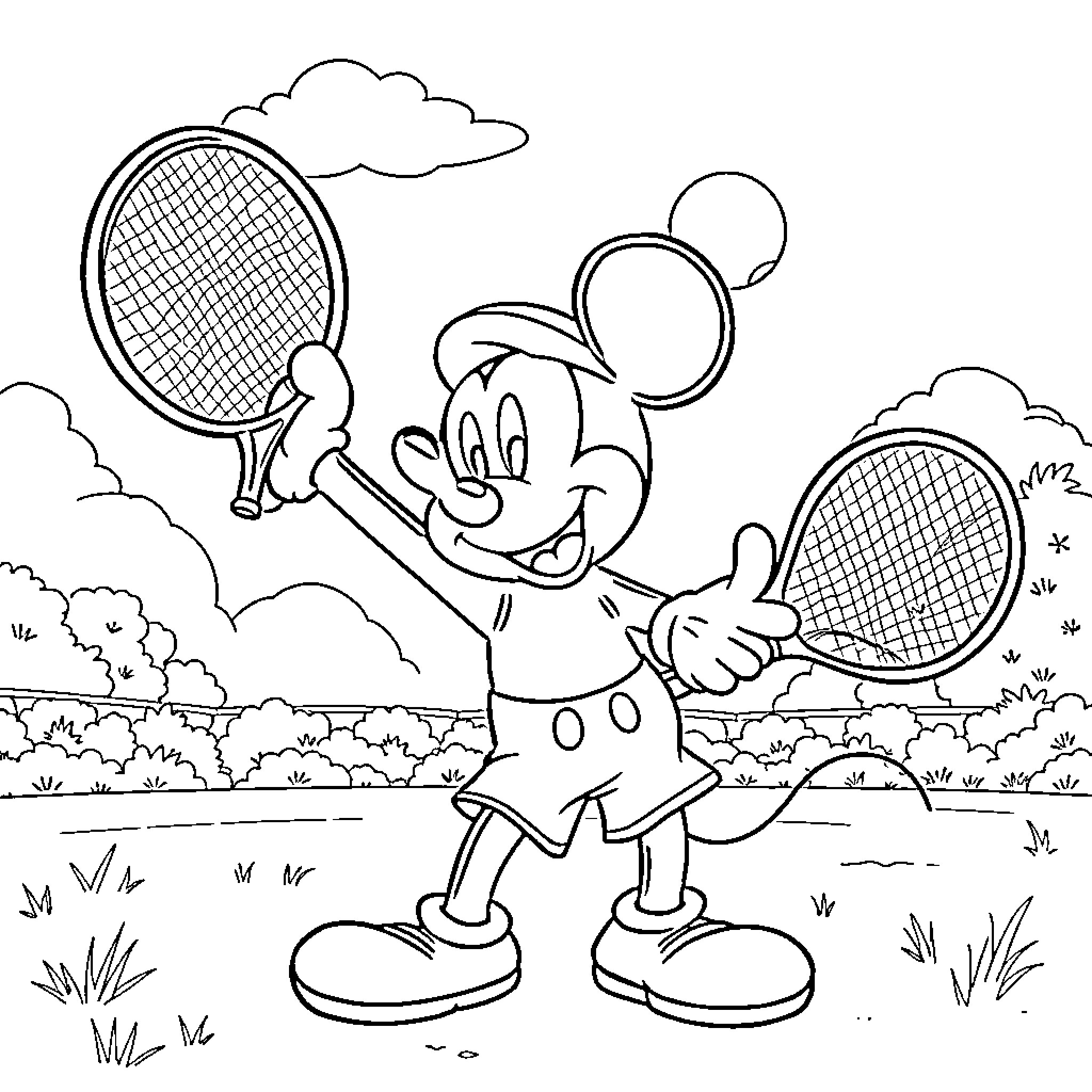 Mickey Mouse playing tennis in the park Coloring Page (free black-and-white line drawing printable PDF for all, from beginners to advanced learners, including children, teens, adults, and seniors)