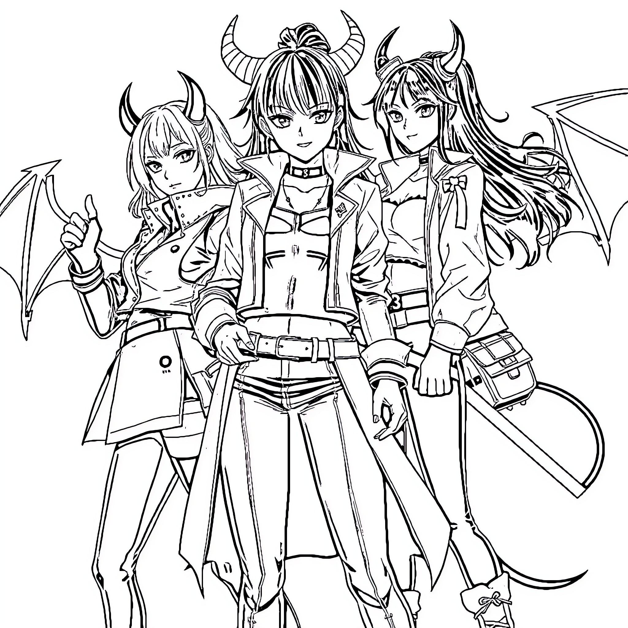 Mira and her demonic companions in action Coloring Page (free black-and-white line drawing printable PDF for all, from beginners to advanced learners, including children, teens, adults, and seniors)