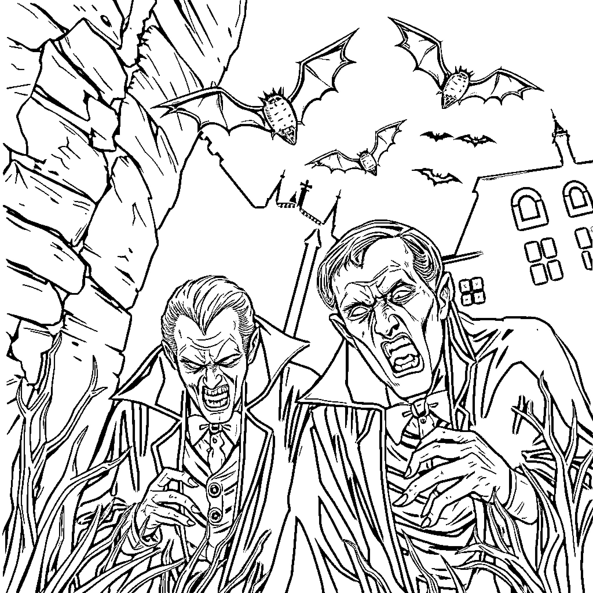 Vampire Count and Servant Battling in Haunted Landscape Coloring Page (free black-and-white line drawing printable PDF for all, from beginners to advanced learners, including children, teens, adults, and seniors)