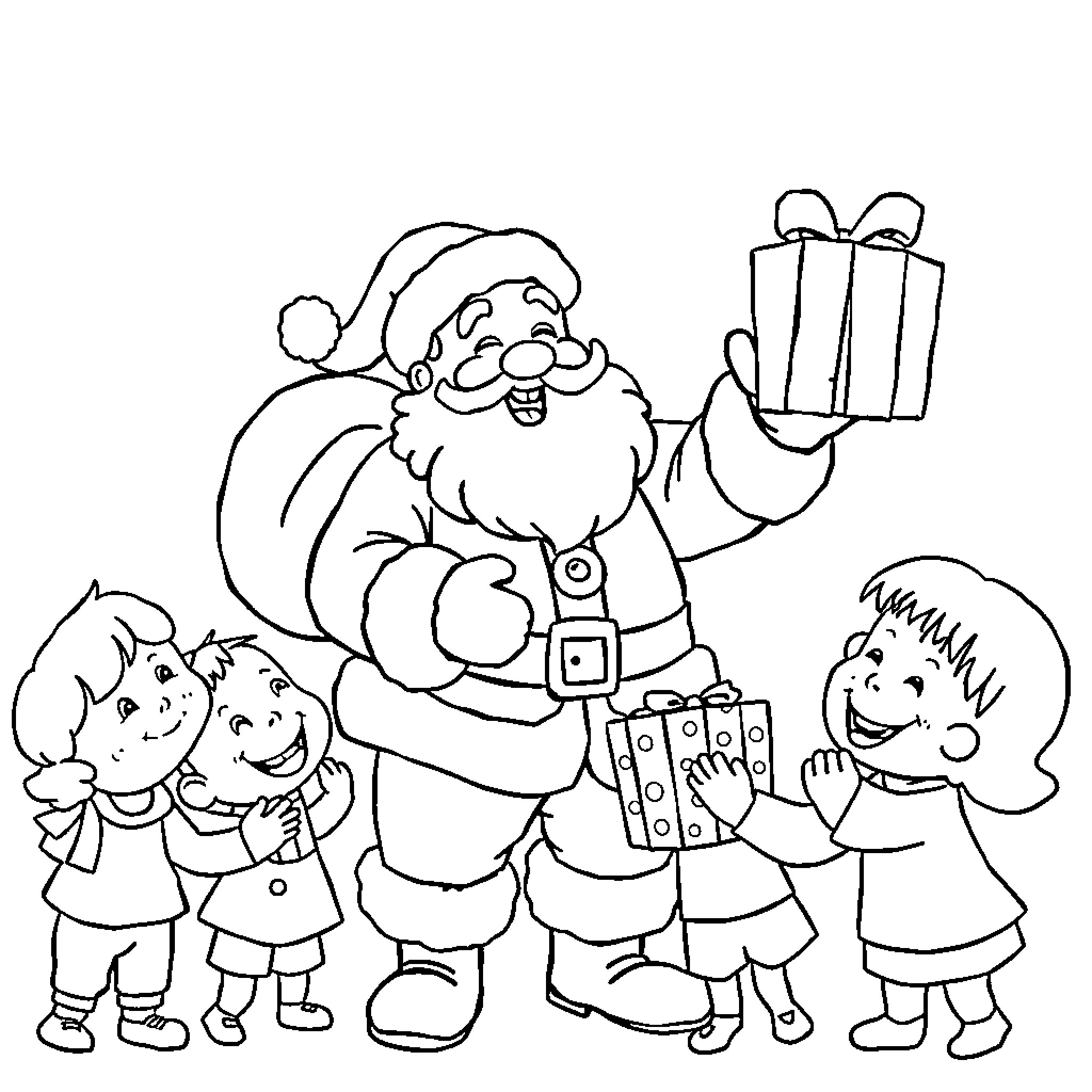 Santa Claus Distributing Gifts to Children Coloring Page (free black-and-white line drawing printable PDF for all, from beginners to advanced learners, including children, teens, adults, and seniors)