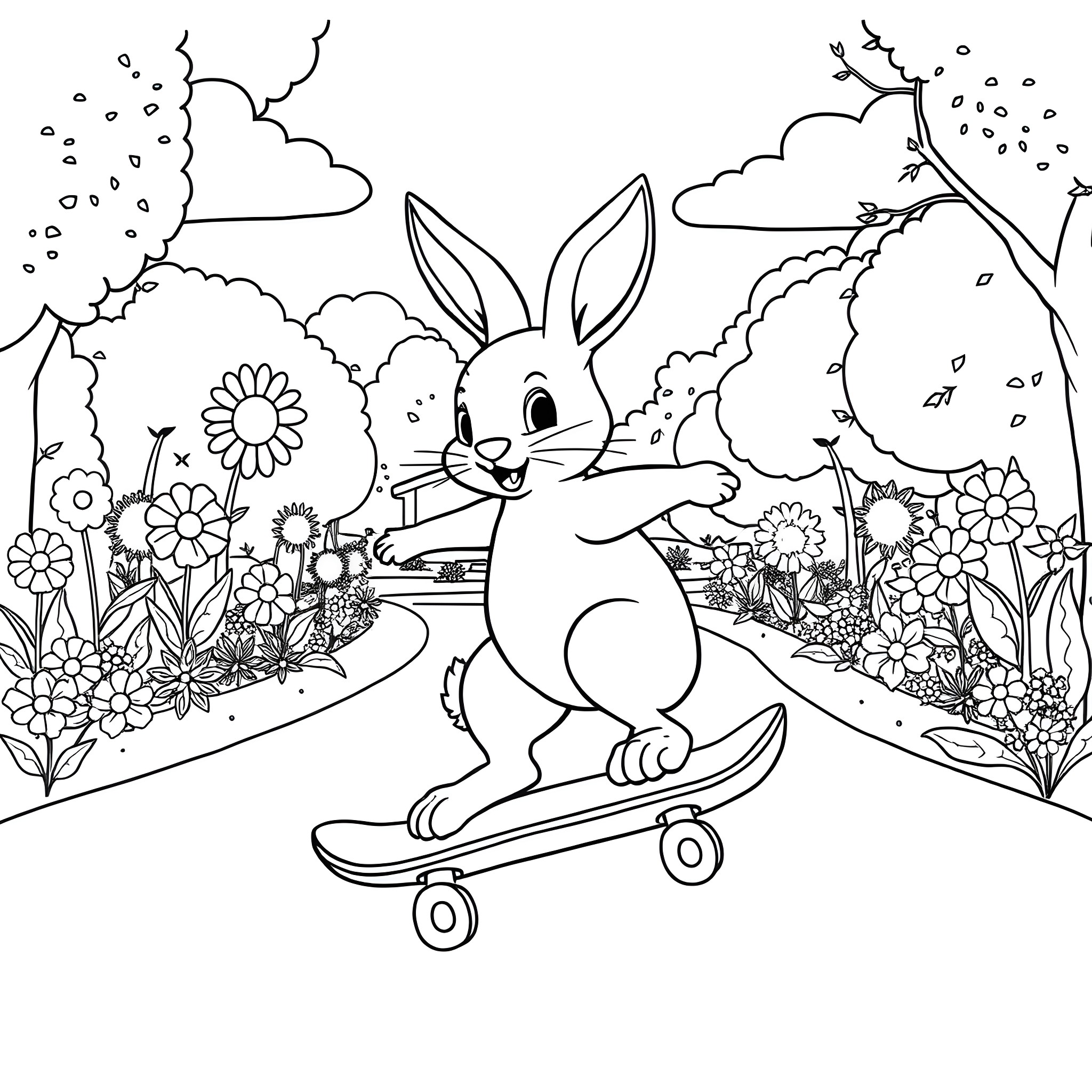 Bunny riding a skateboard in a flower garden Coloring Page (free black-and-white line drawing printable PDF for all, from beginners to advanced learners, including children, teens, adults, and seniors)