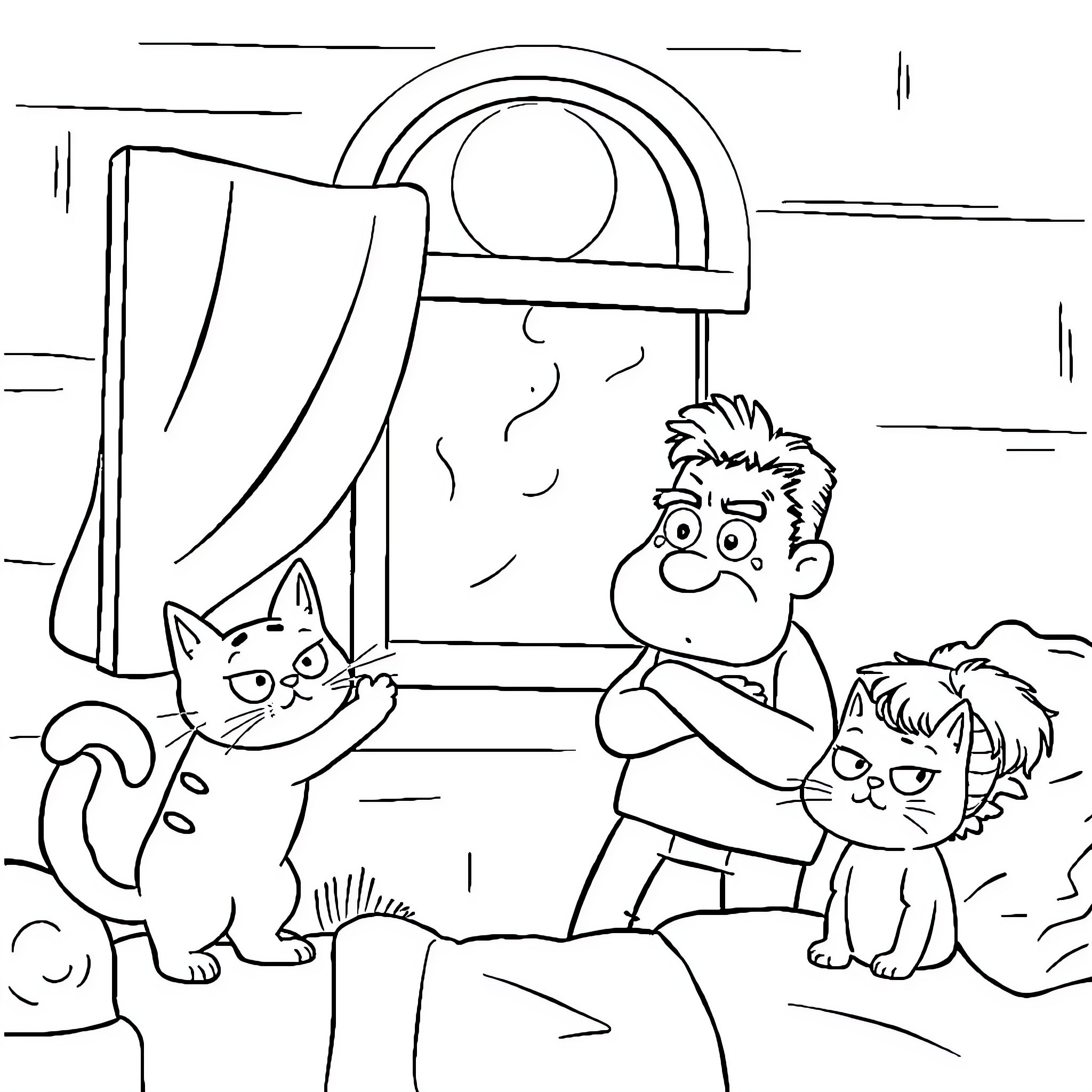Cat and children playing with toys indoors Coloring Page (free black-and-white line drawing printable PDF for all, from beginners to advanced learners, including children, teens, adults, and seniors)