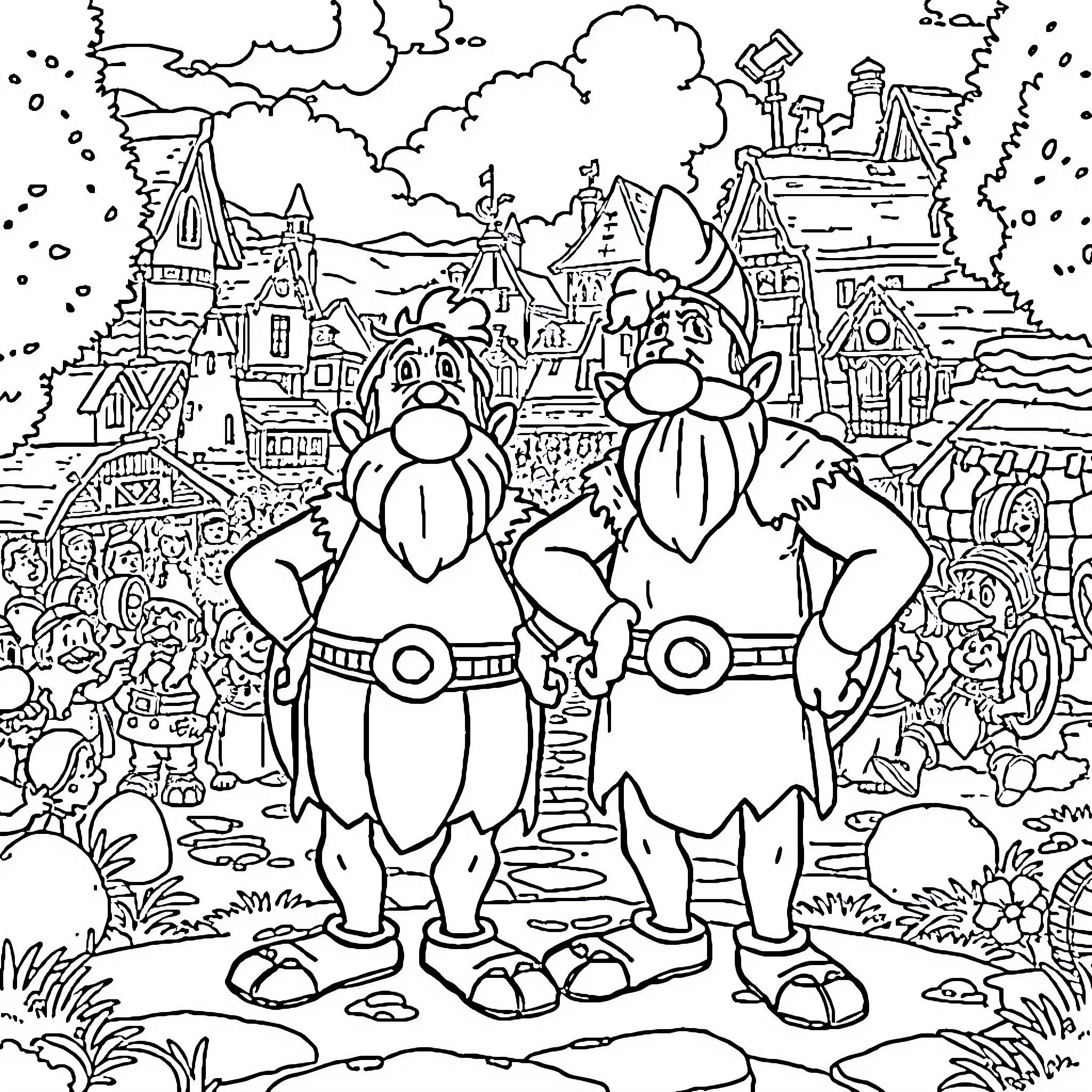 Asterix and Obelix Exploring the Magical Village Coloring Page (free black-and-white line drawing printable PDF for all, from beginners to advanced learners, including children, teens, adults, and seniors)