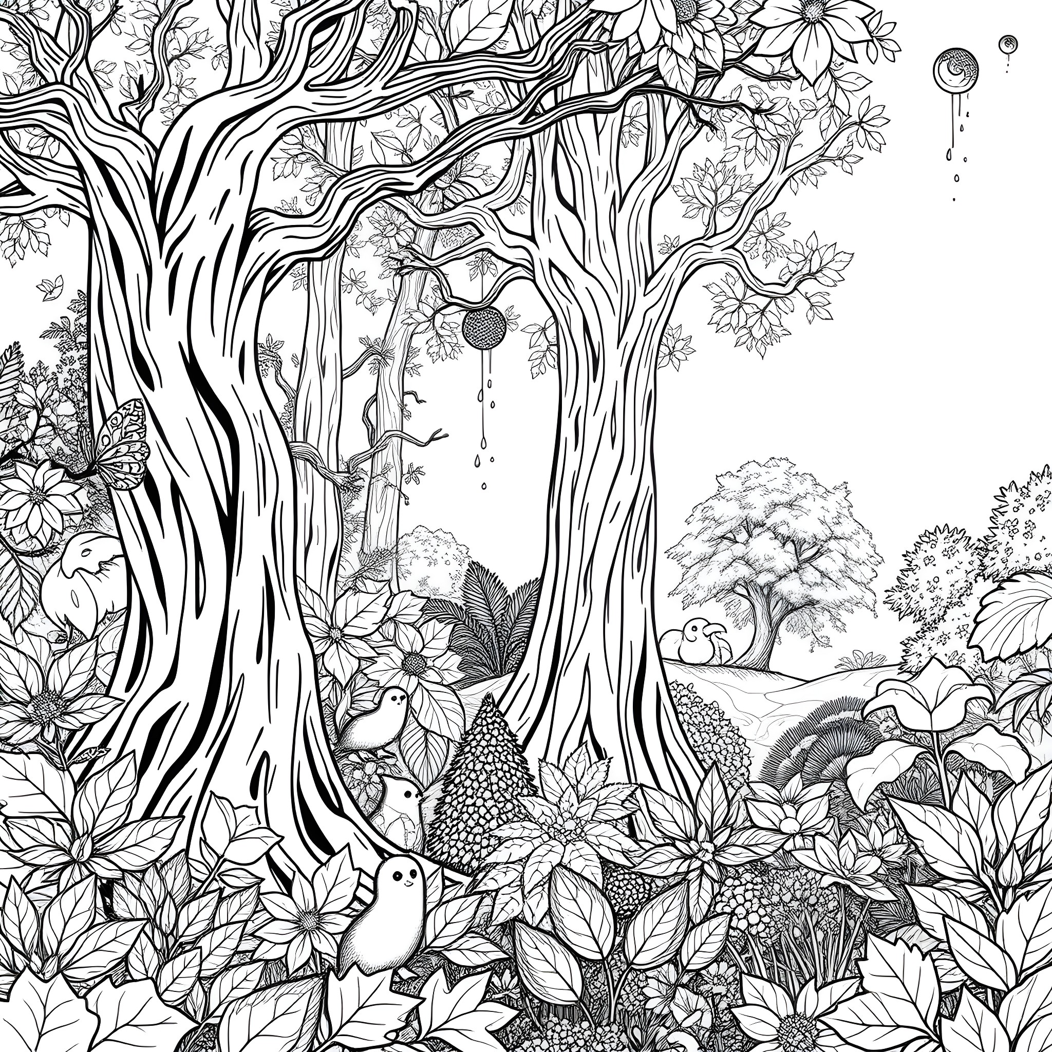 Forest with whimsical wildlife and floral elements Coloring Page (free black-and-white line drawing printable PDF for all, from beginners to advanced learners, including children, teens, adults, and seniors)