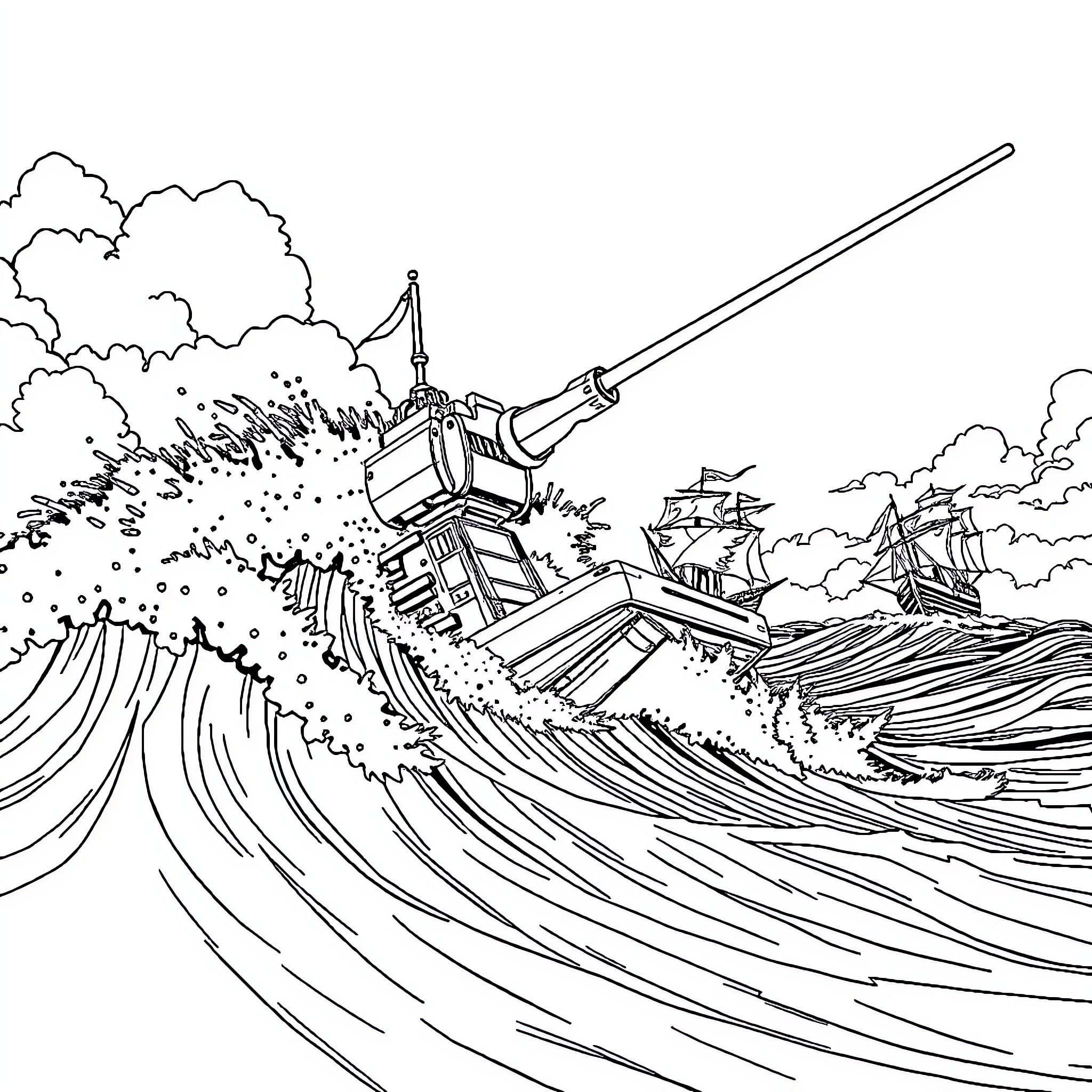 Leviator destroys ships in the tempestuous sea Coloring Page (free black-and-white line drawing printable PDF for all, from beginners to advanced learners, including children, teens, adults, and seniors)