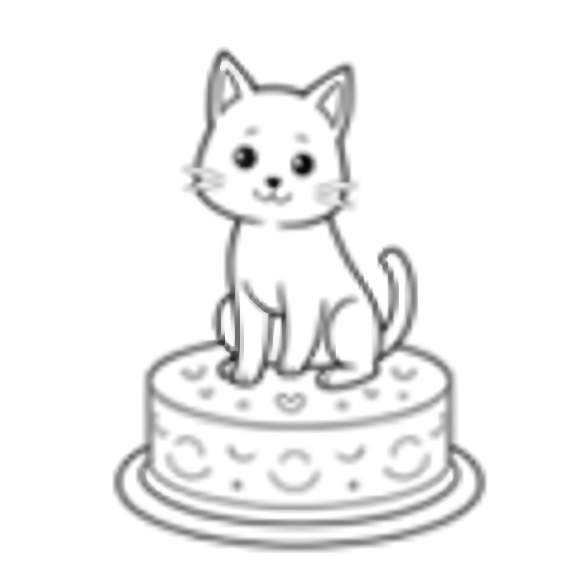 Cat sitting on a decorated cake Coloring Page (free black-and-white line drawing printable PDF for all, from beginners to advanced learners, including children, teens, adults, and seniors)