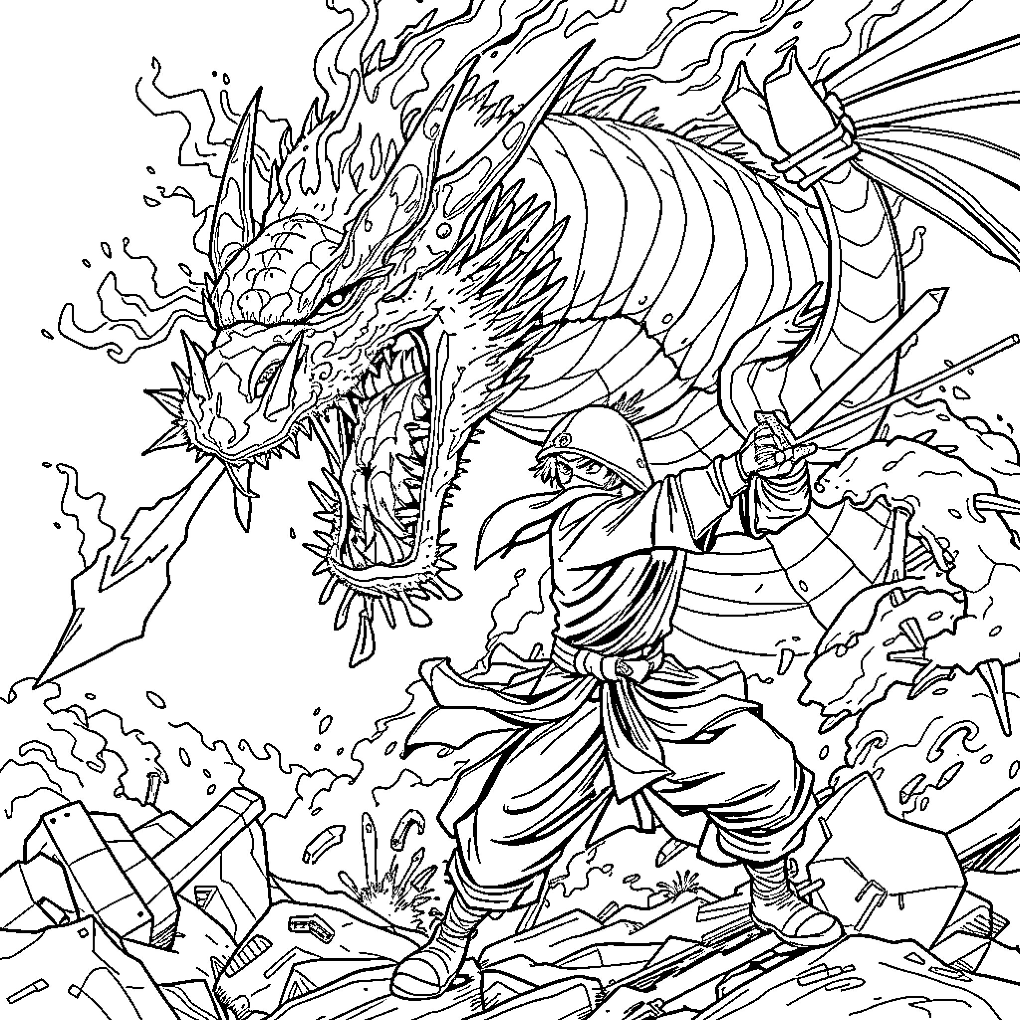 Ninja warrior battles fierce dragon in dramatic scene Coloring Page (free black-and-white line drawing printable PDF for all, from beginners to advanced learners, including children, teens, adults, and seniors)