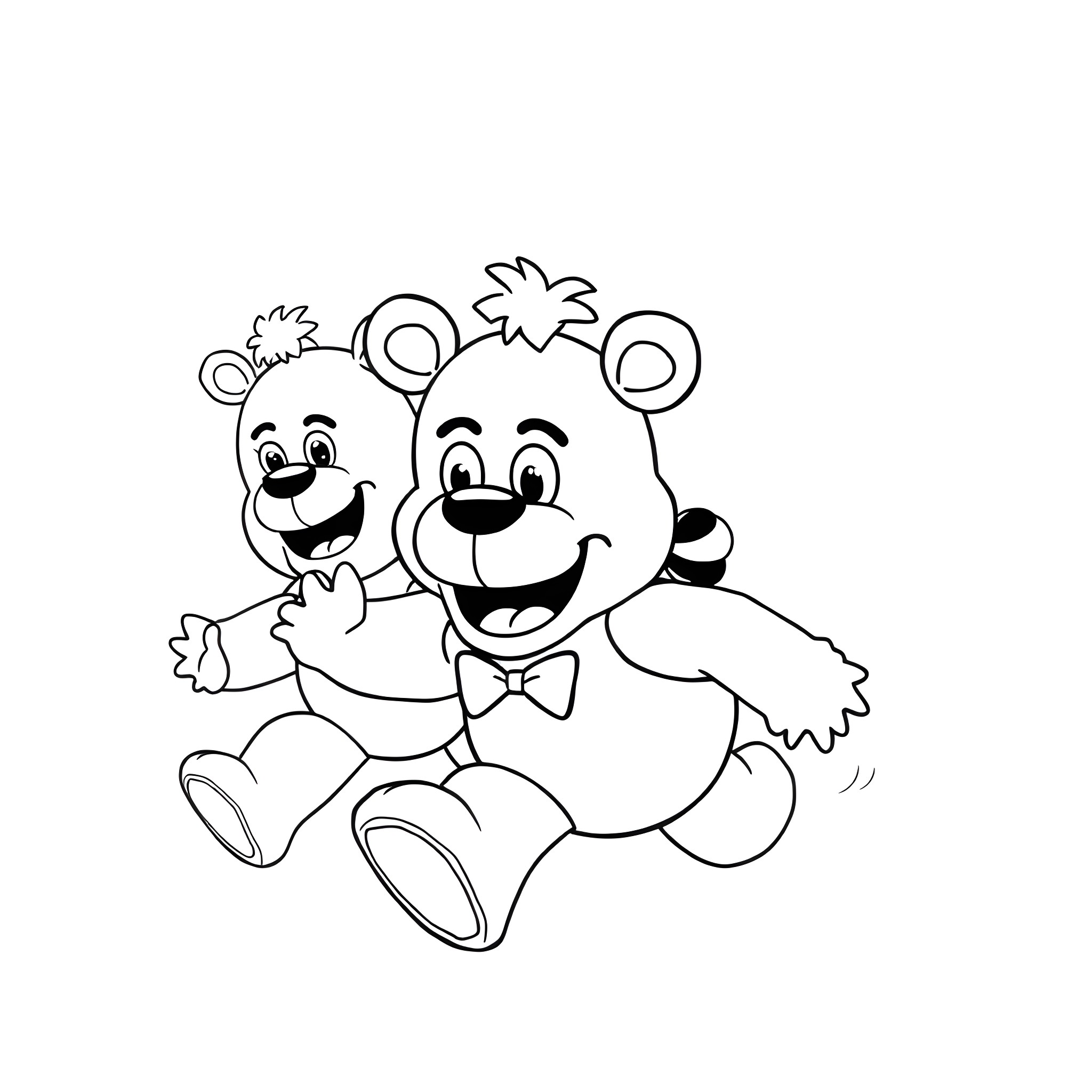 Plushie teddy bears hugging and smiling happily Coloring Page (free black-and-white line drawing printable PDF for all, from beginners to advanced learners, including children, teens, adults, and seniors)