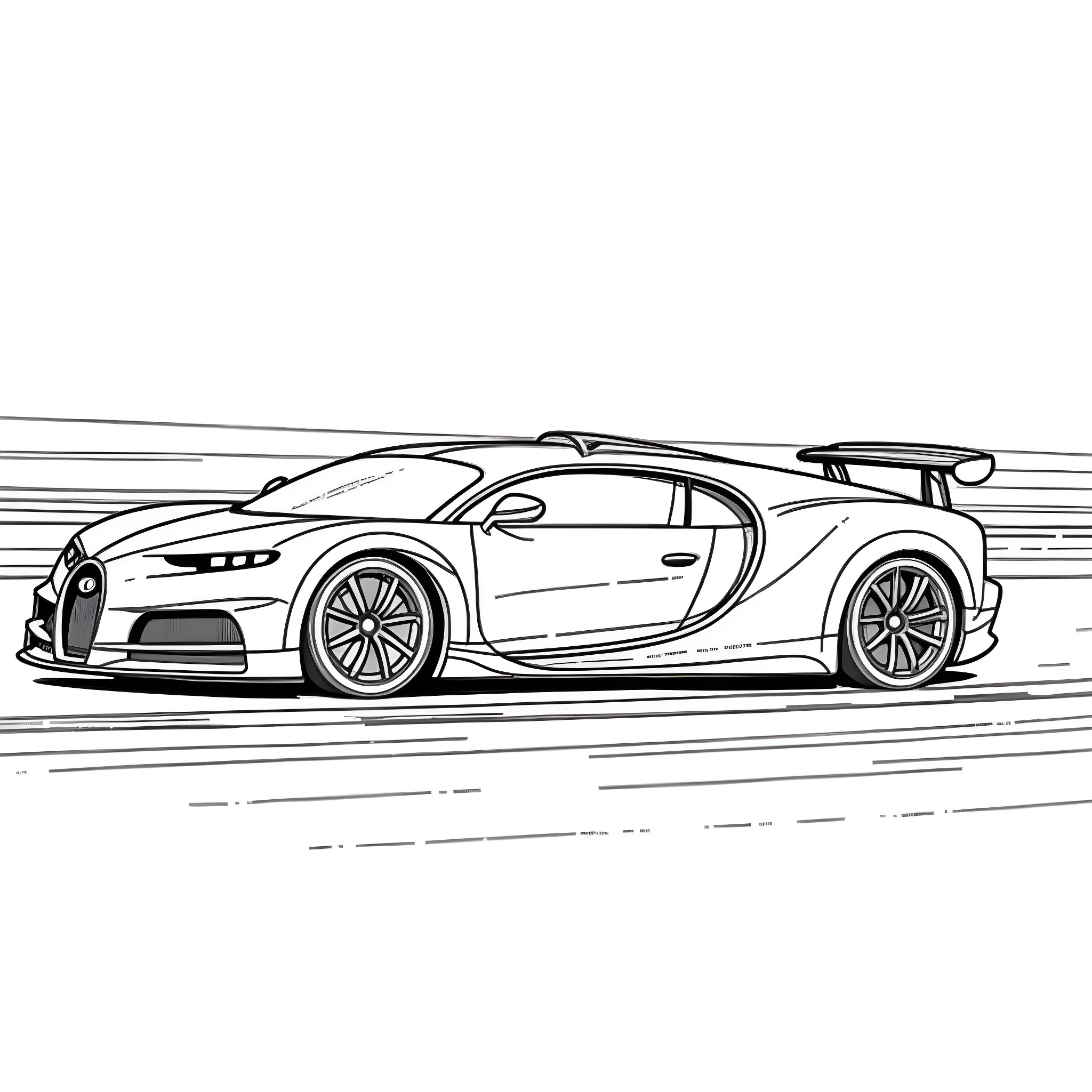 Bugatti sports car speeding on the track Coloring Page (free black-and-white line drawing printable PDF for all, from beginners to advanced learners, including children, teens, adults, and seniors)
