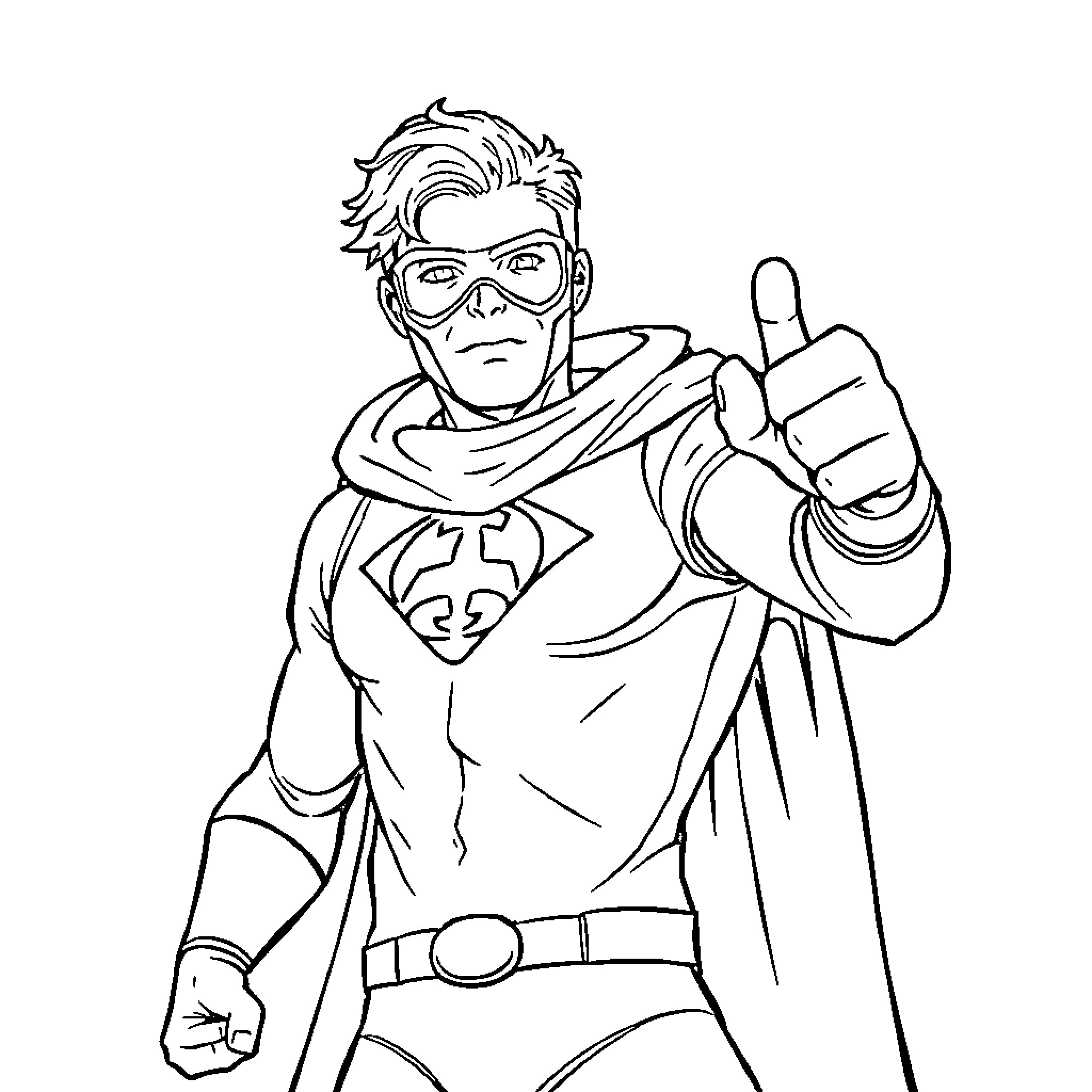 Superhero in action pose with confident expression Coloring Page (free black-and-white line drawing printable PDF for all, from beginners to advanced learners, including children, teens, adults, and seniors)