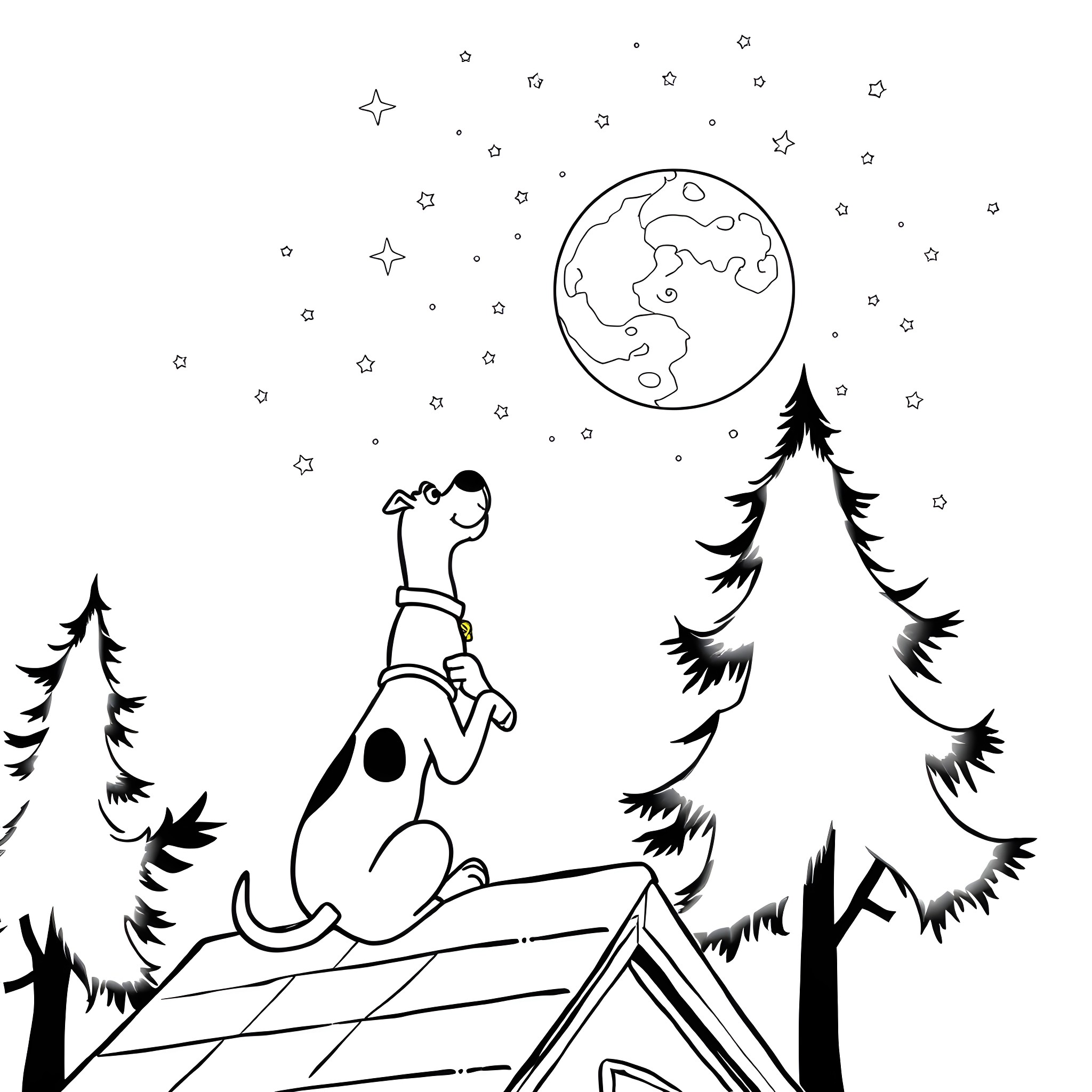 Scooby Doo Howling at the Moon in the Snowy Forest Coloring Page (free black-and-white line drawing printable PDF for all, from beginners to advanced learners, including children, teens, adults, and seniors)