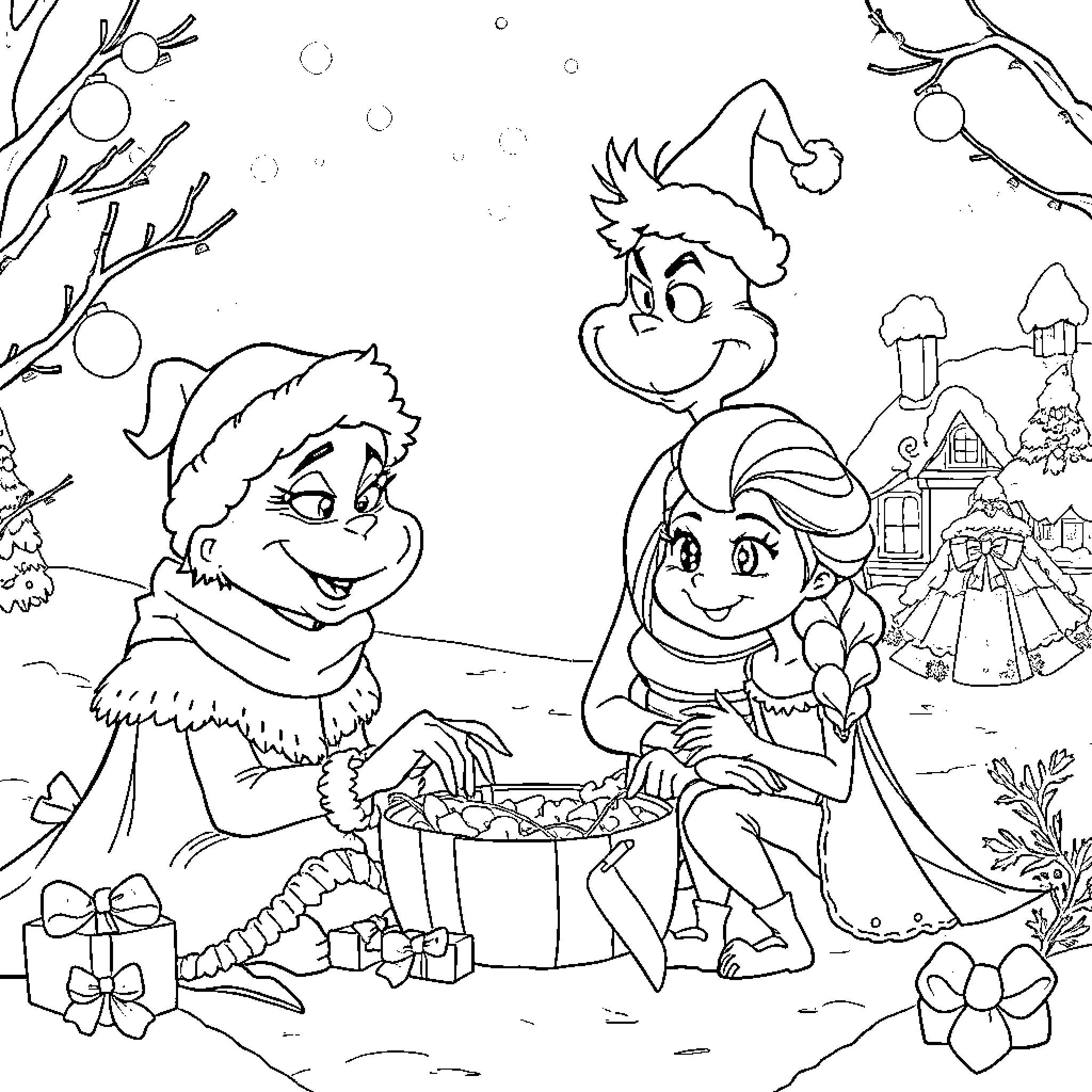 Grinch and friends celebrating Christmas happily in the snow Coloring Page (free black-and-white line drawing printable PDF for all, from beginners to advanced learners, including children, teens, adults, and seniors)