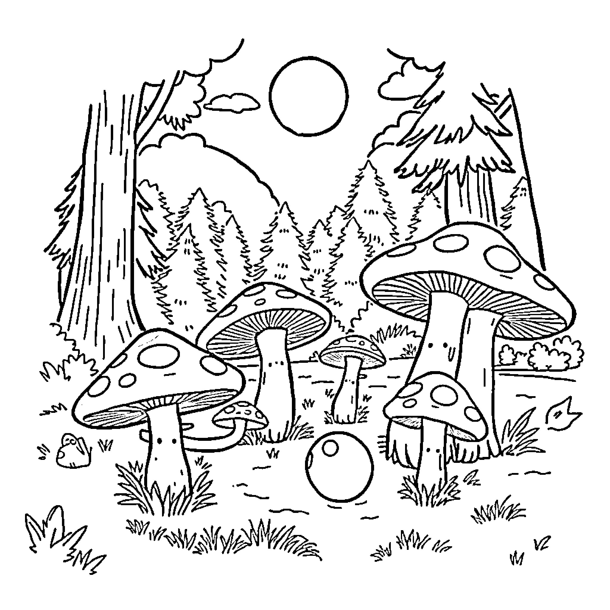 Mushroom forest scene with mysterious mushrooms and nature Coloring Page (free black-and-white line drawing printable PDF for all, from beginners to advanced learners, including children, teens, adults, and seniors)