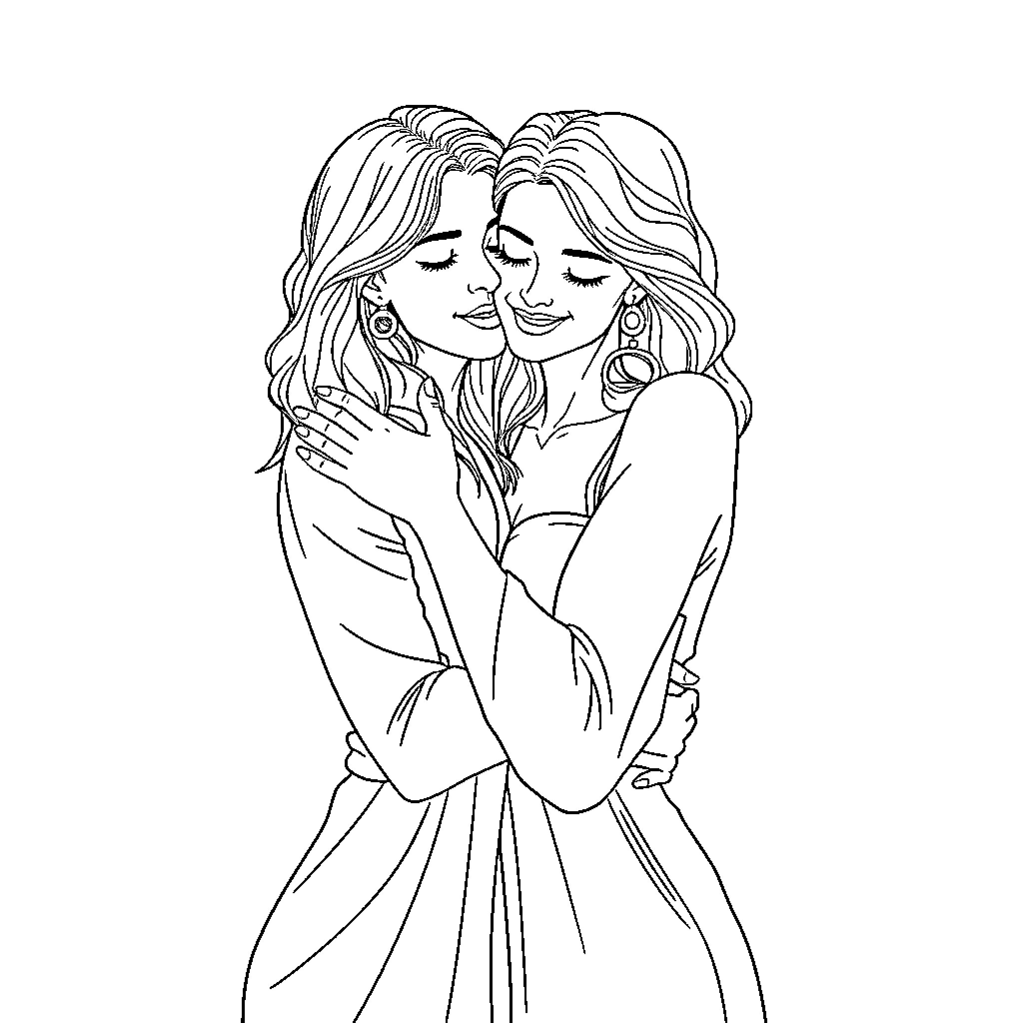 Lesbian couple embracing tenderly Coloring Page (free black-and-white line drawing printable PDF for all, from beginners to advanced learners, including children, teens, adults, and seniors)