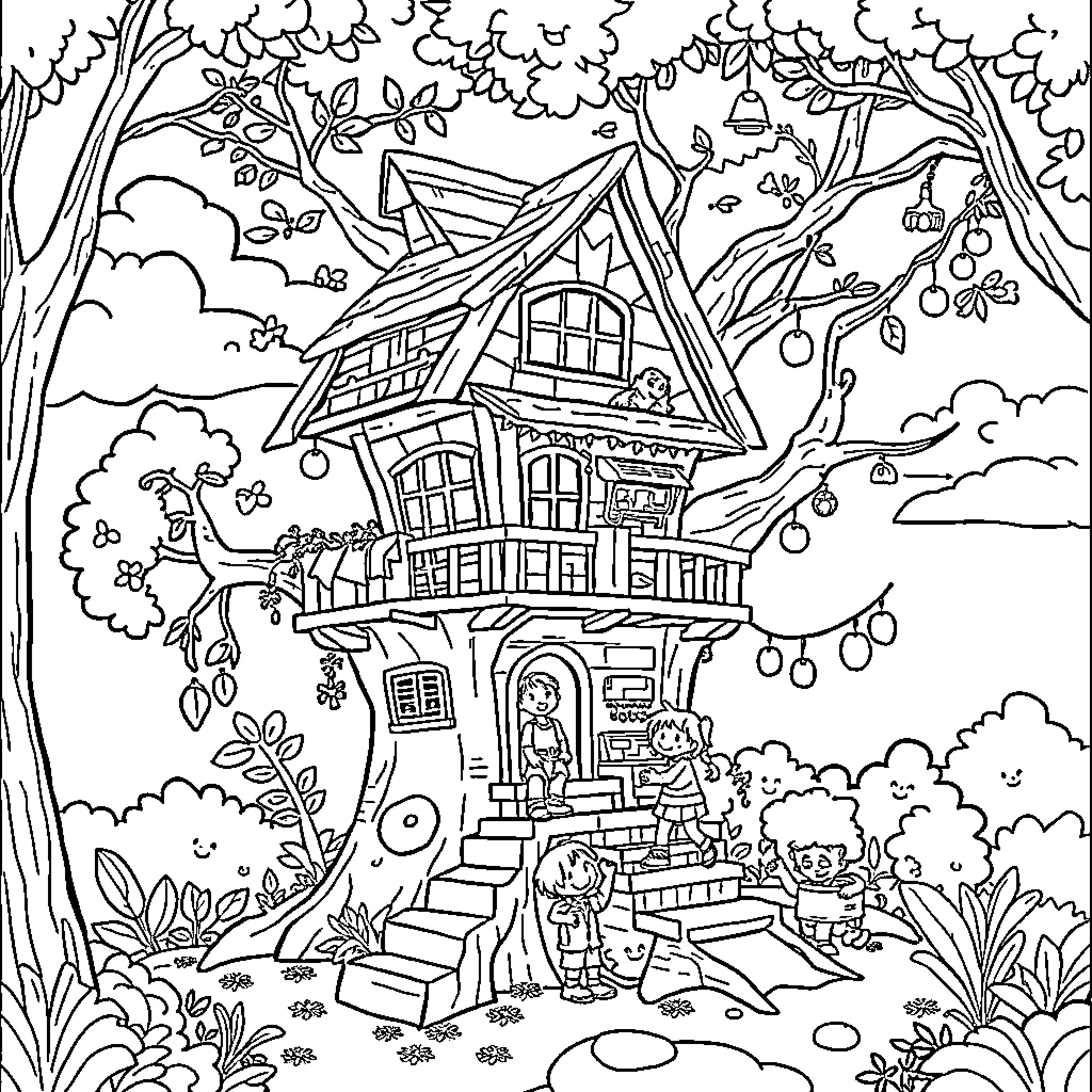Treehouse with cheerful characters and nature Coloring Page (free black-and-white line drawing printable PDF for all, from beginners to advanced learners, including children, teens, adults, and seniors)