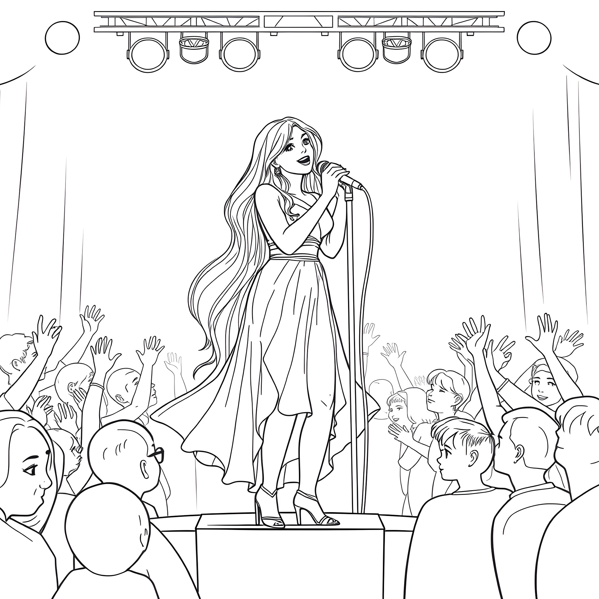 Chrissy Mac performs lively on stage for cheering crowd Coloring Page (free black-and-white line drawing printable PDF for all, from beginners to advanced learners, including children, teens, adults, and seniors)