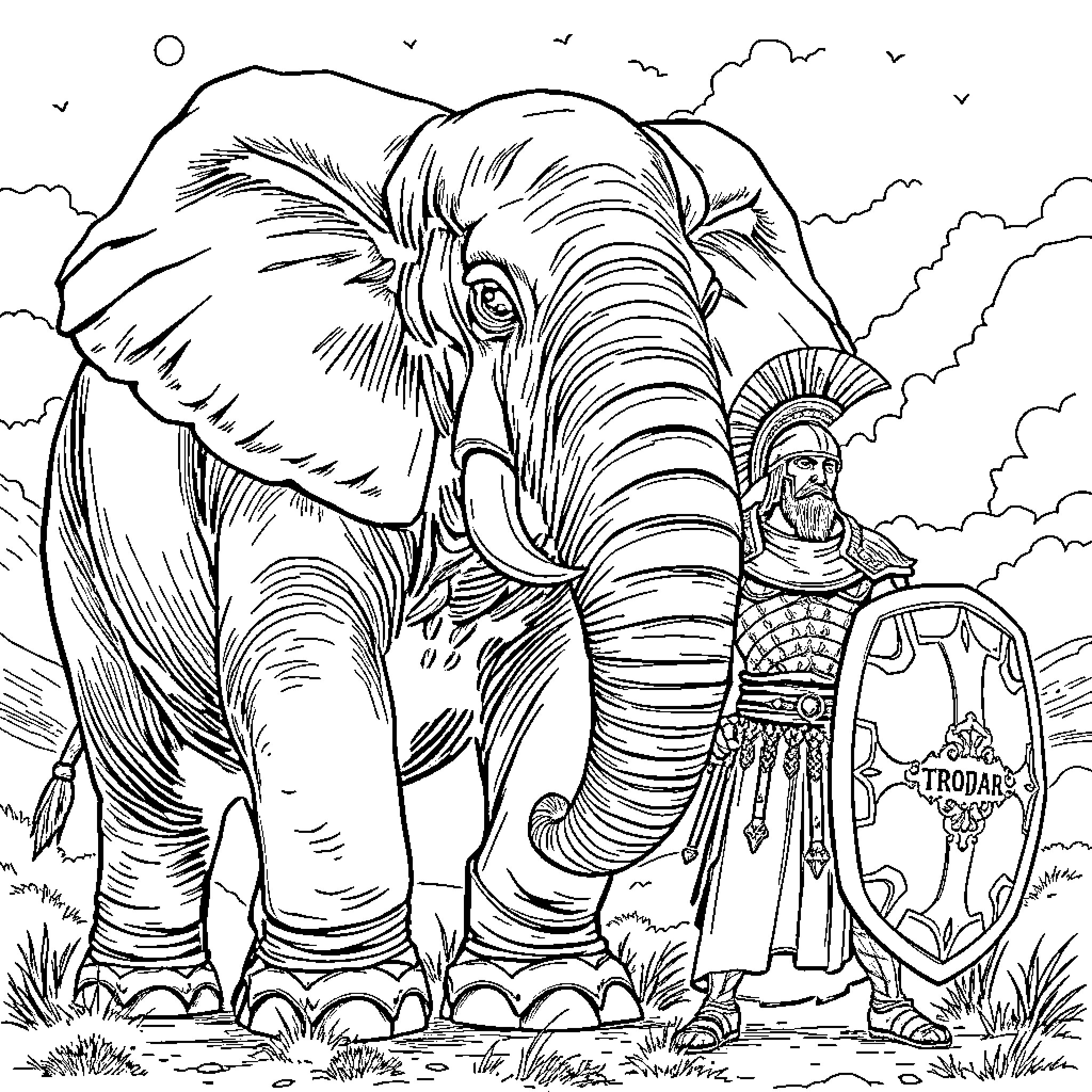 Elephant warrior stands guard with shield Coloring Page (free black-and-white line drawing printable PDF for all, from beginners to advanced learners, including children, teens, adults, and seniors)