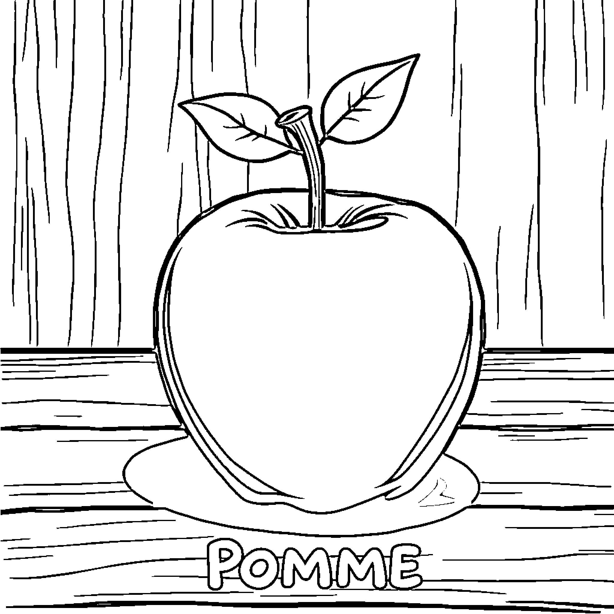 Pomme - Outlined Apple on Wooden Backdrop Coloring Page (free black-and-white line drawing printable PDF for all, from beginners to advanced learners, including children, teens, adults, and seniors)