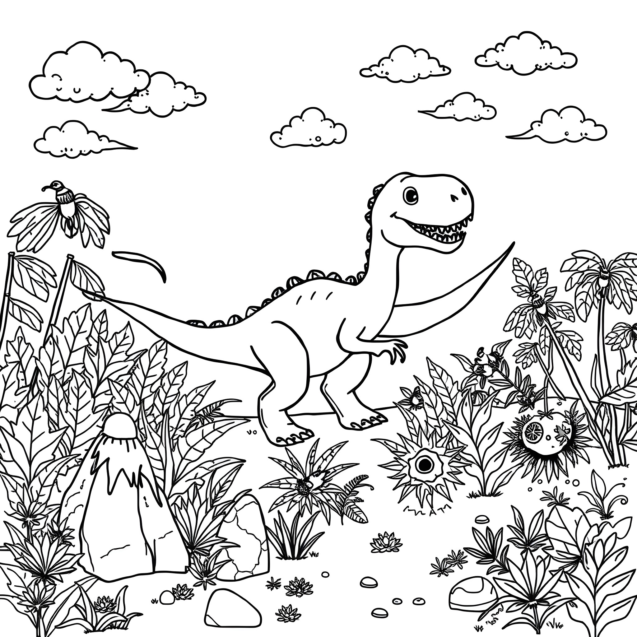 Dinosaur in a tropical jungle scene Coloring Page (free black-and-white line drawing printable PDF for all, from beginners to advanced learners, including children, teens, adults, and seniors)